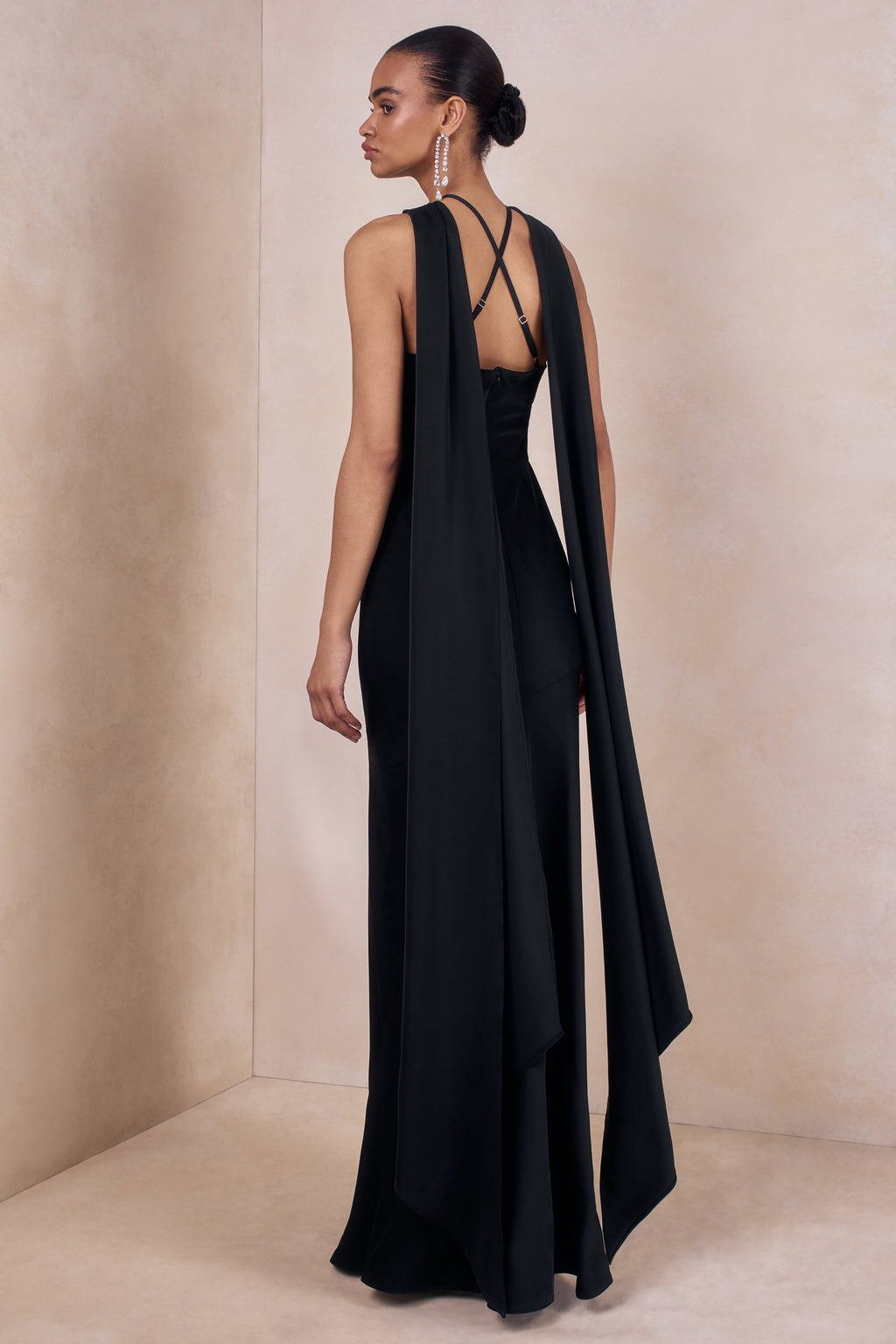 Sloane | Black Matte Satin Halter-Neck Maxi Dress With Cape