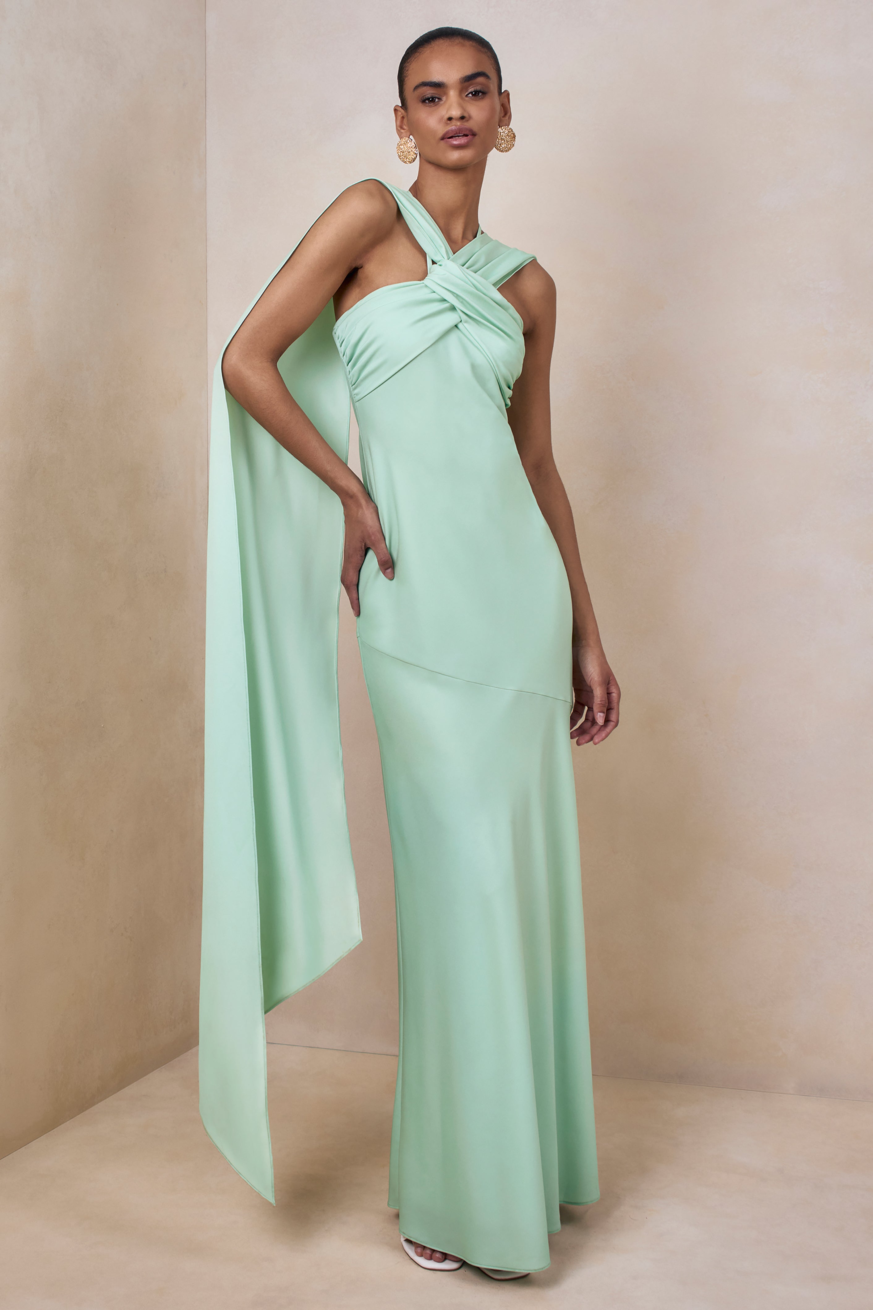 Sloane | Mint Matte Satin Halter-Neck Maxi Dress With Cape