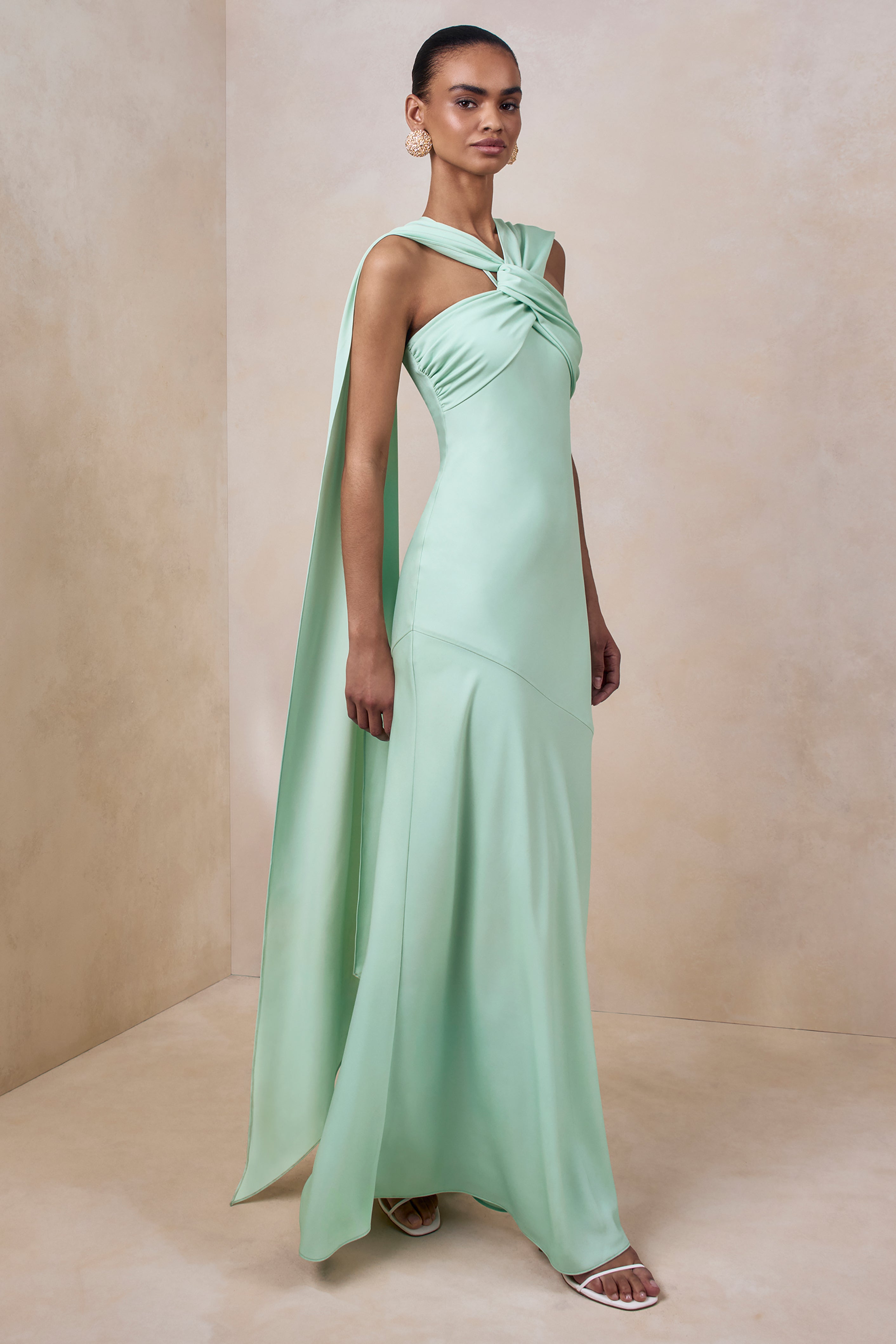 Sloane | Mint Matte Satin Halter-Neck Maxi Dress With Cape