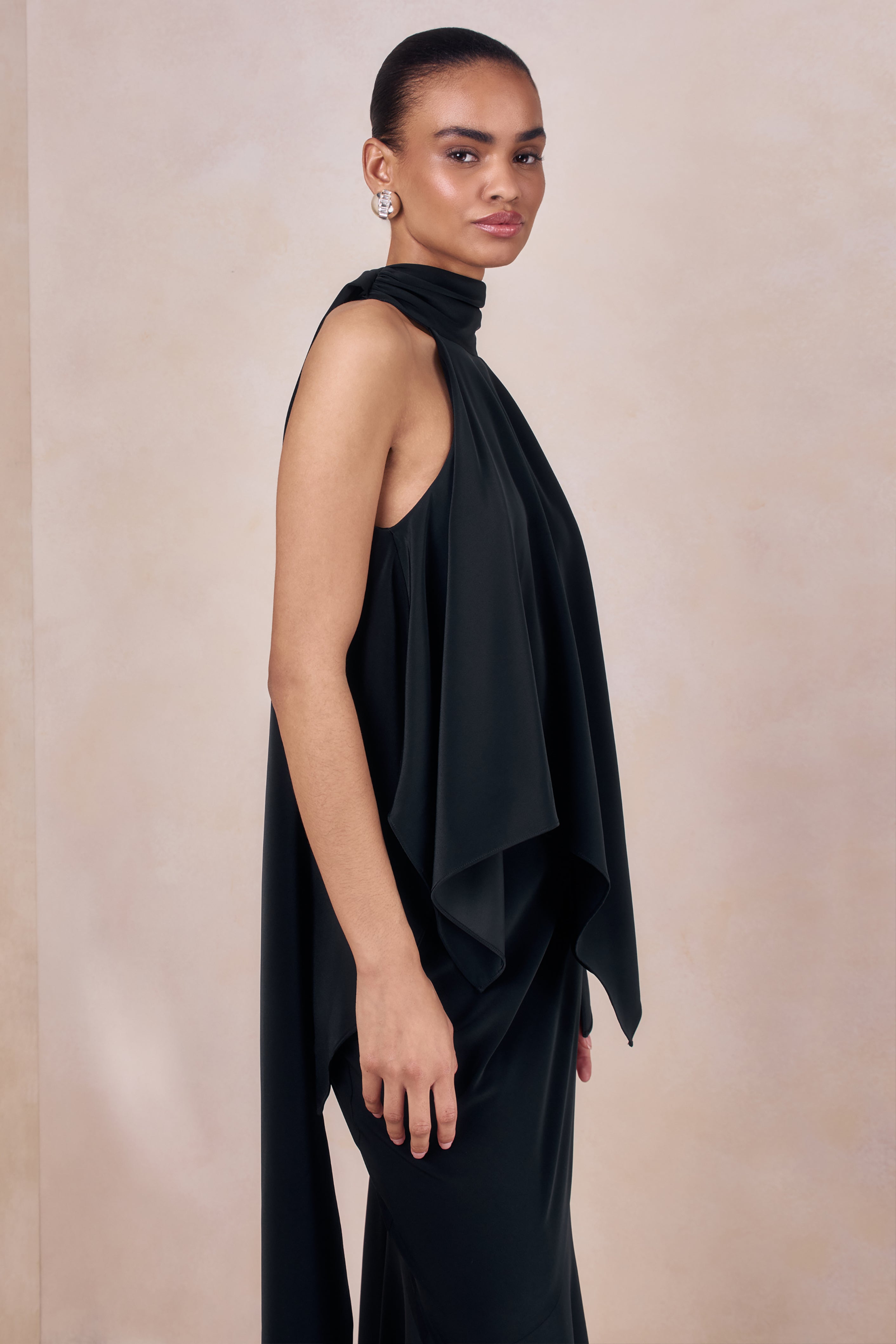 Sancelle | Black Matte Satin Halter-Neck Top