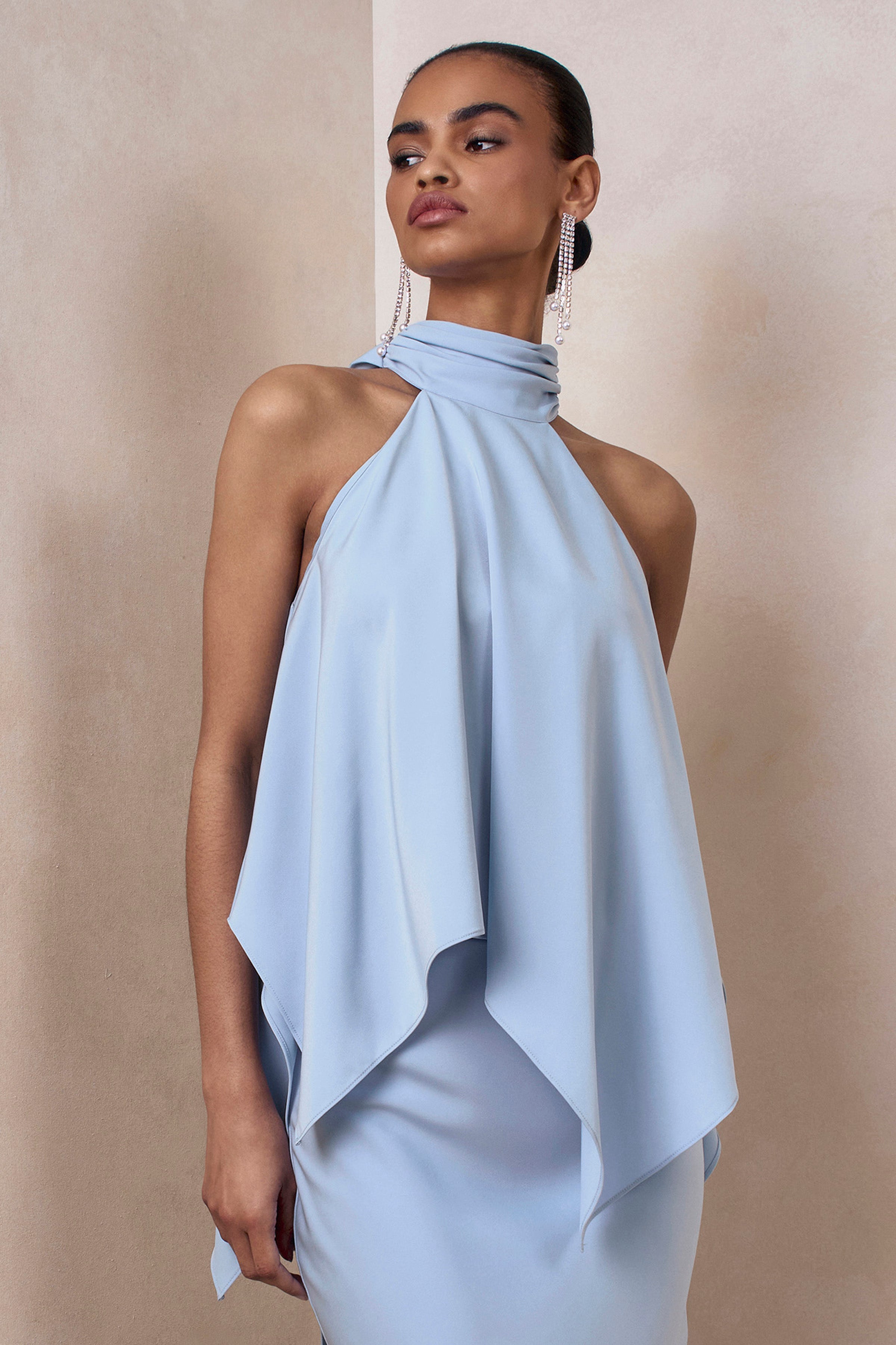 Sancelle | Powder Blue Matte Satin Halter-Neck Top