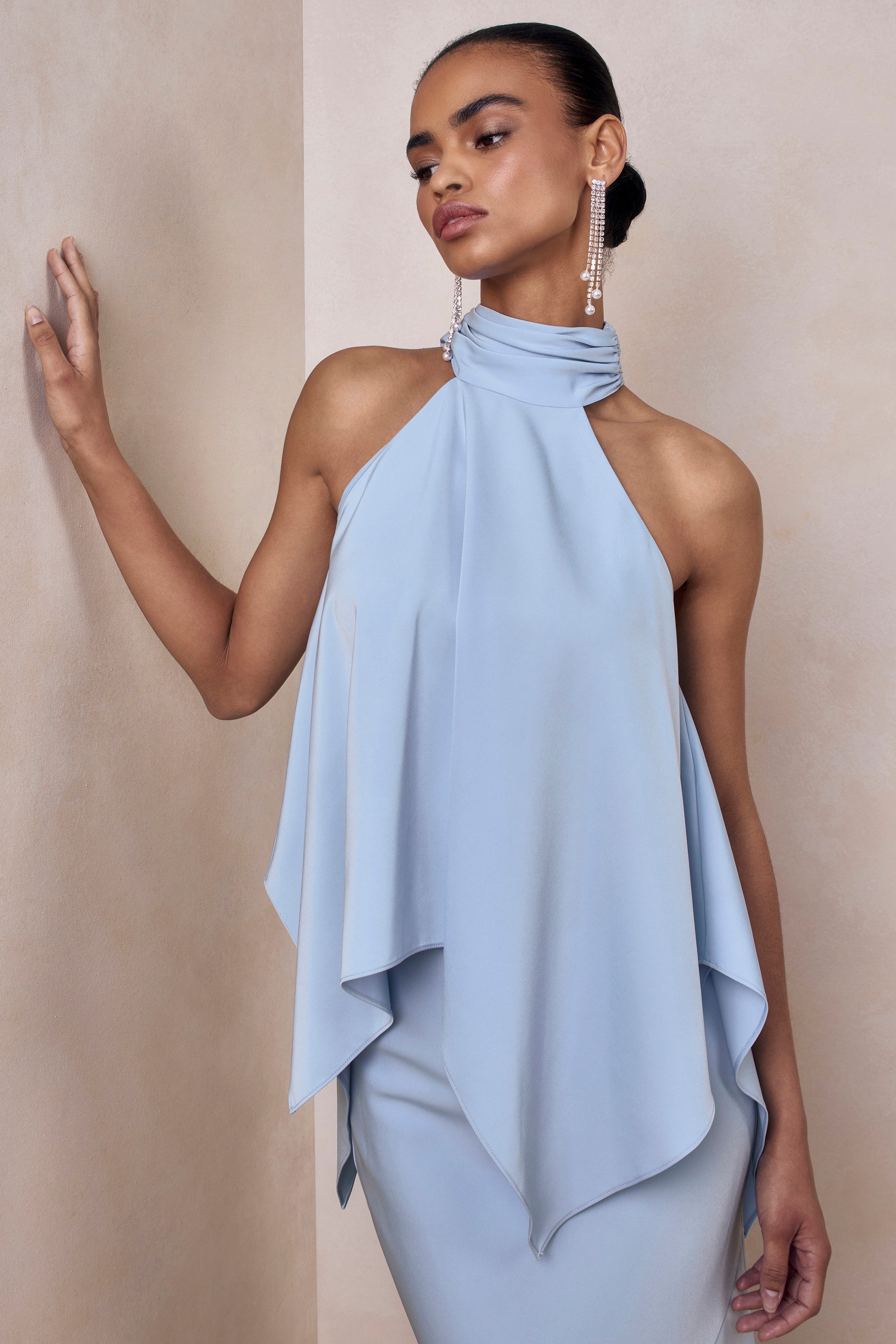 Sancelle | Powder Blue Matte Satin Halter-Neck Top