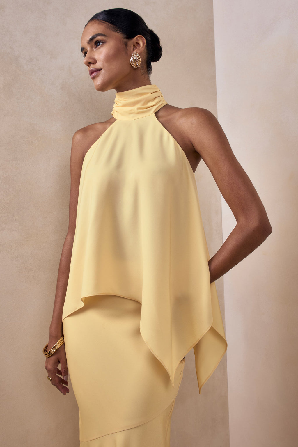Sancelle | Lemon Matte Satin Halter-Neck Top