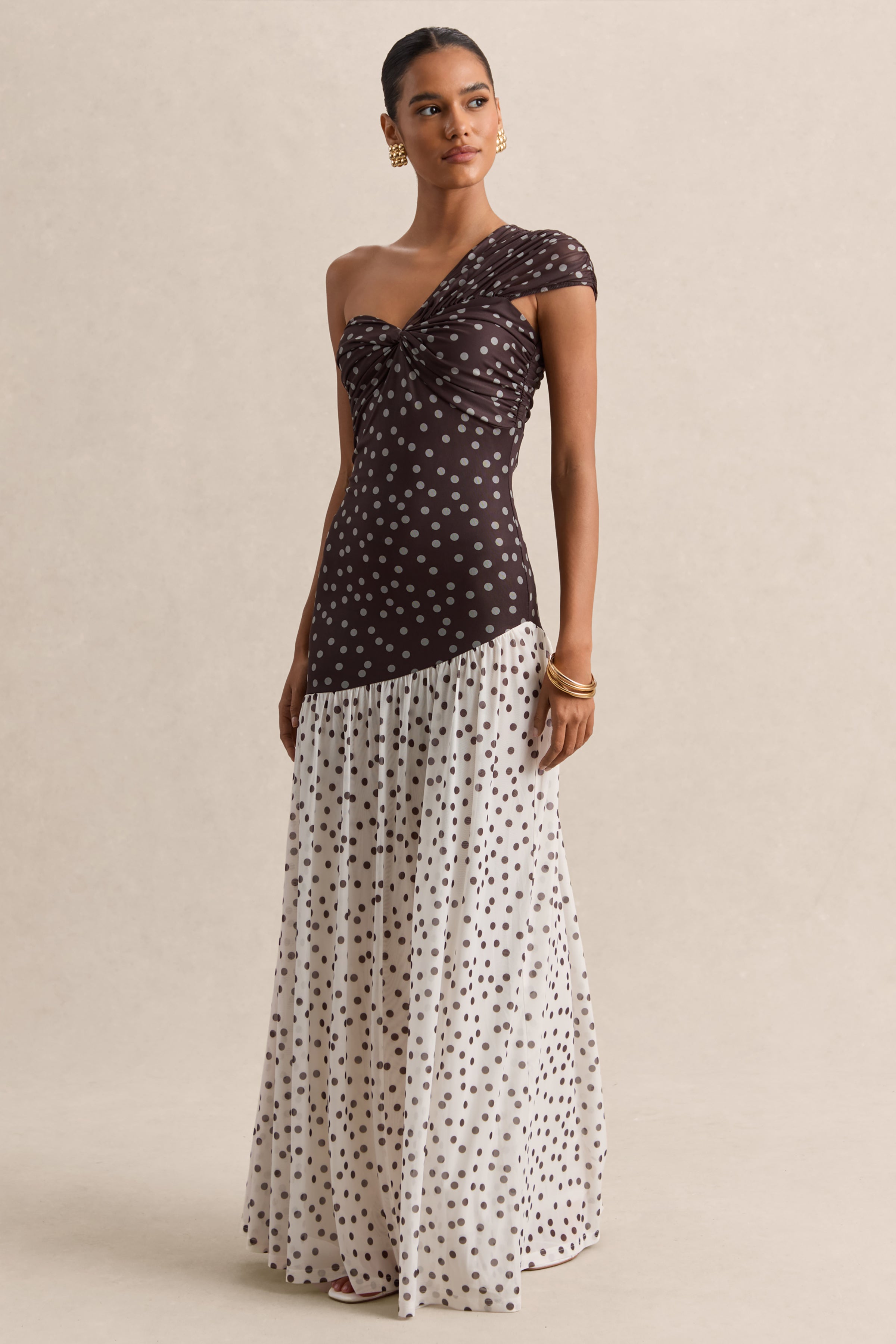 Motira | Brown Polka-Dot Asymmetric-Neck Maxi Dress With Asymmetric Drop-Waist