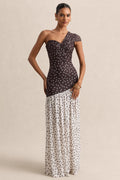 Motira | Brown Polka-Dot Asymmetric-Neck Maxi Dress With Asymmetric Drop-Waist