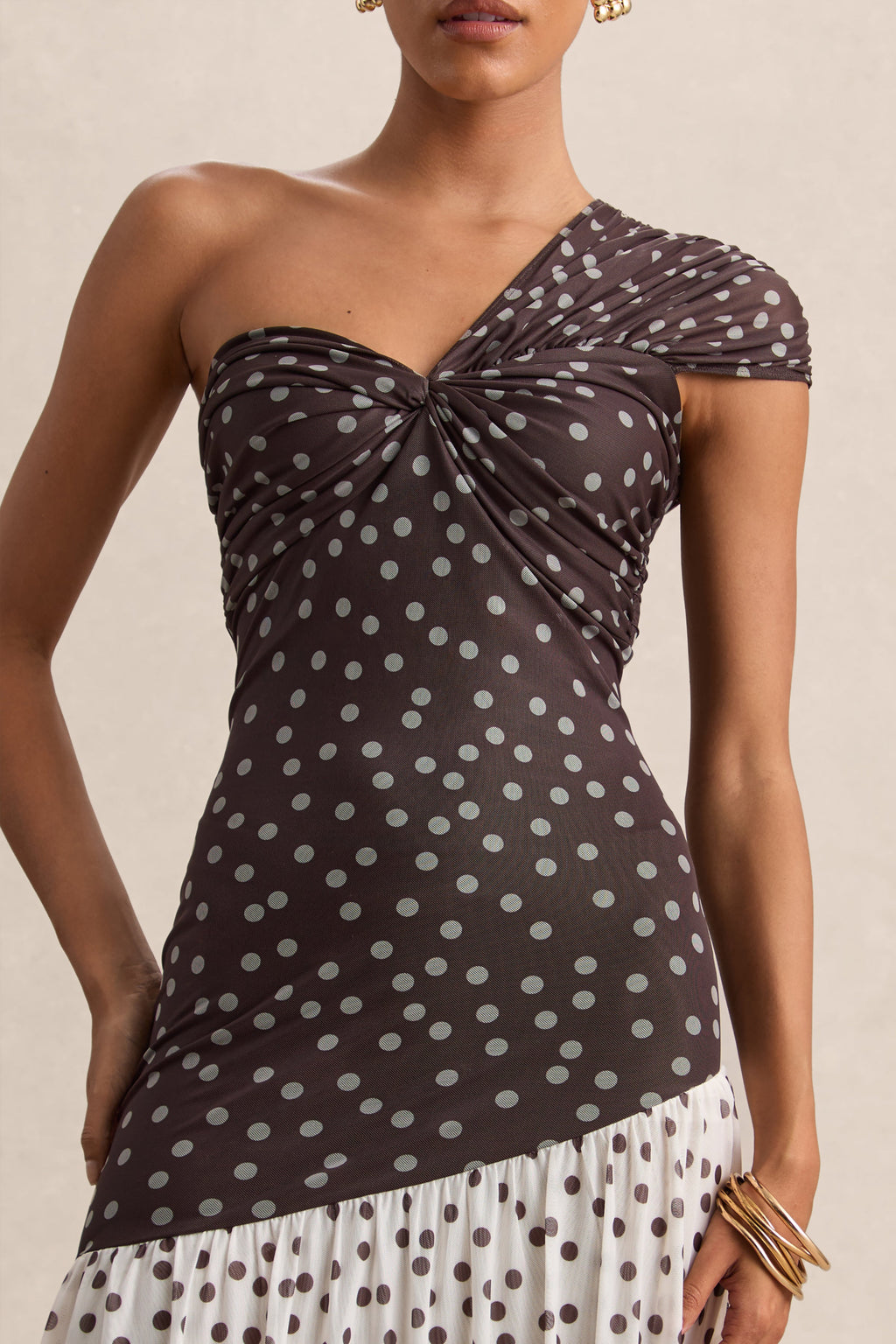Motira | Brown Polka-Dot Asymmetric-Neck Maxi Dress With Asymmetric Drop-Waist