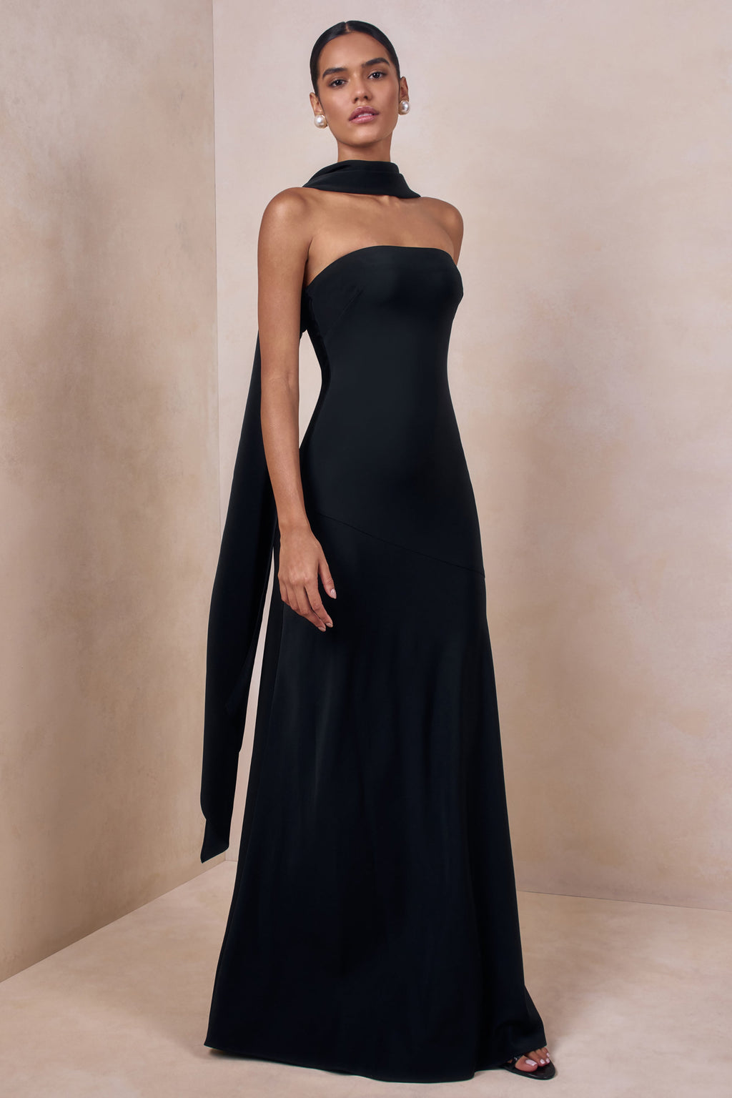 Charly | Black Matte Satin Bandeau Maxi Dress With Scarf-Detail