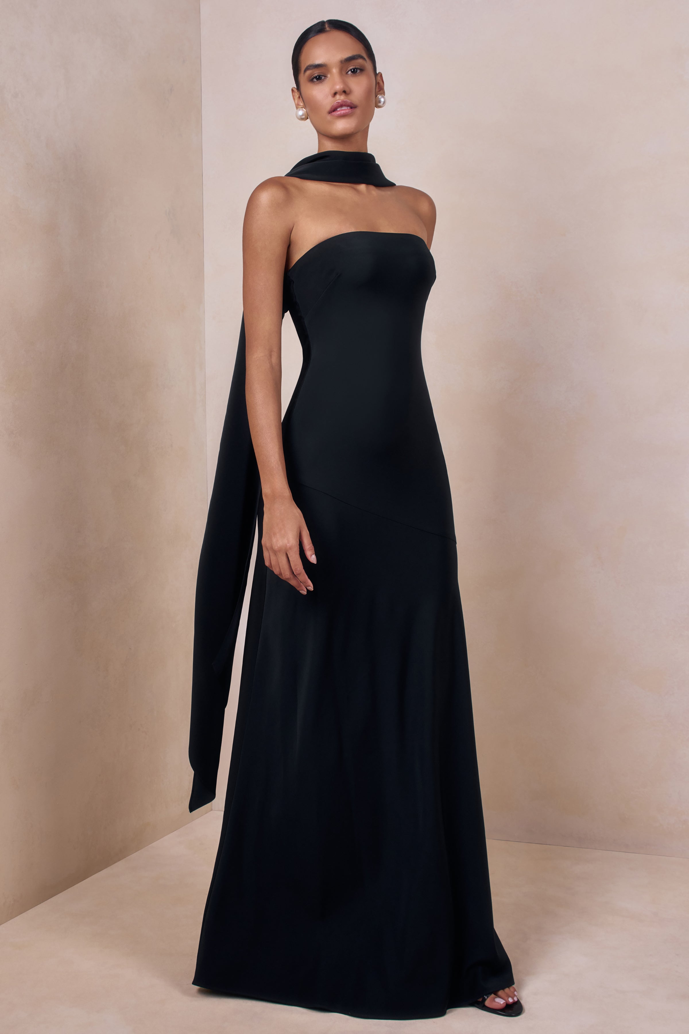 Charly | Black Matte Satin Bandeau Maxi Dress With Scarf-Detail