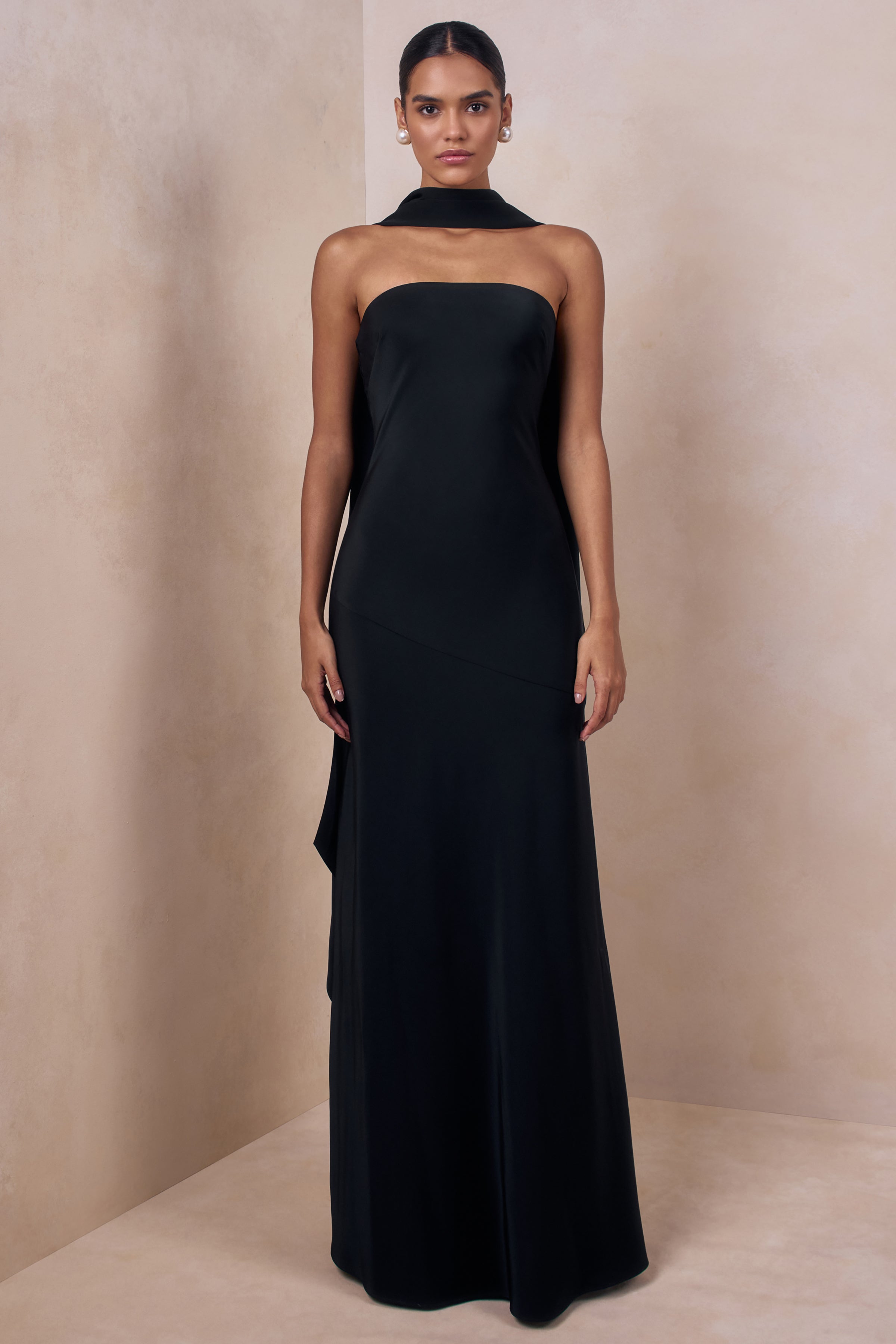 Charly | Black Matte Satin Bandeau Maxi Dress With Scarf-Detail