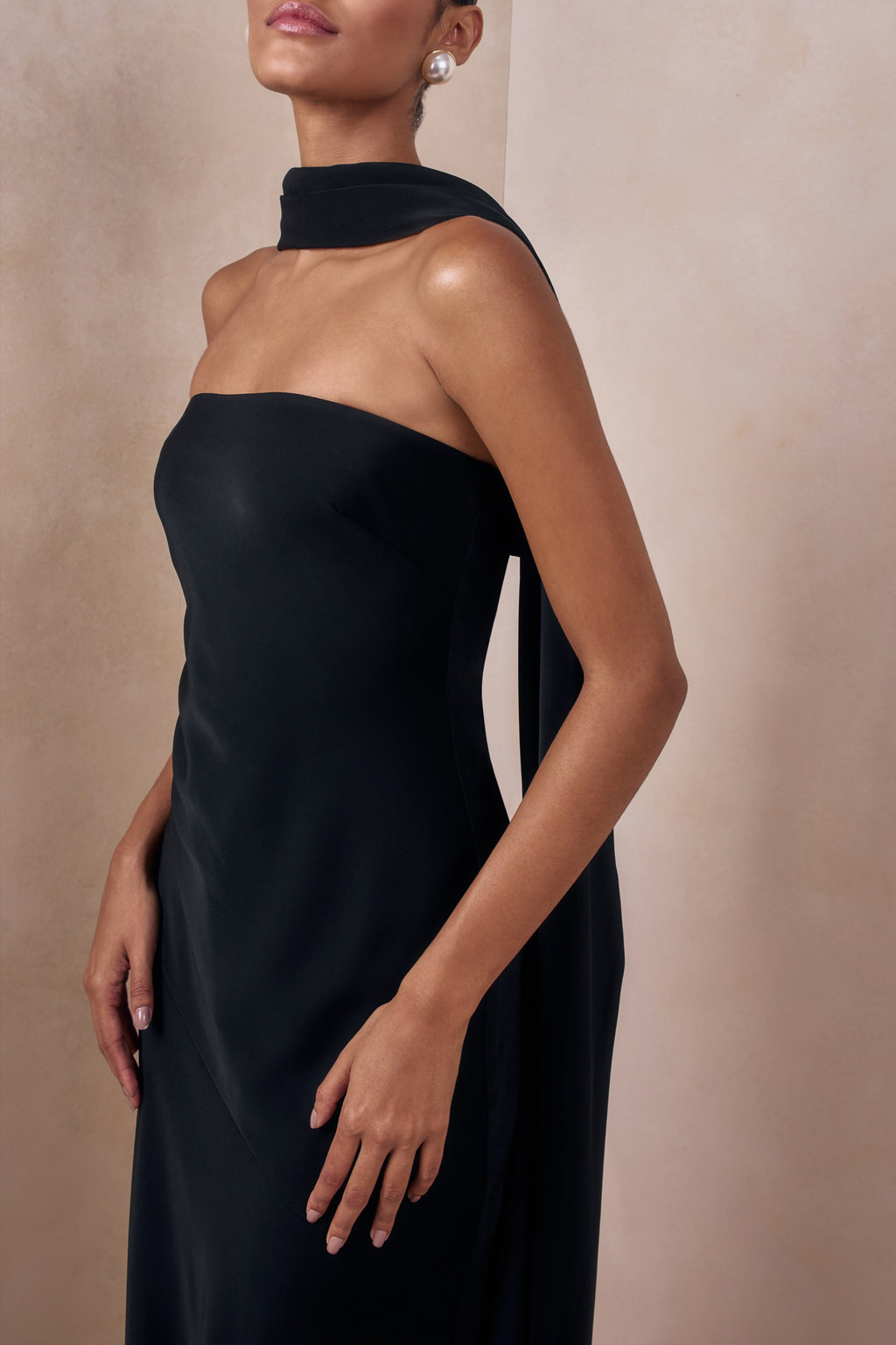 Charly | Black Matte Satin Bandeau Maxi Dress With Scarf-Detail