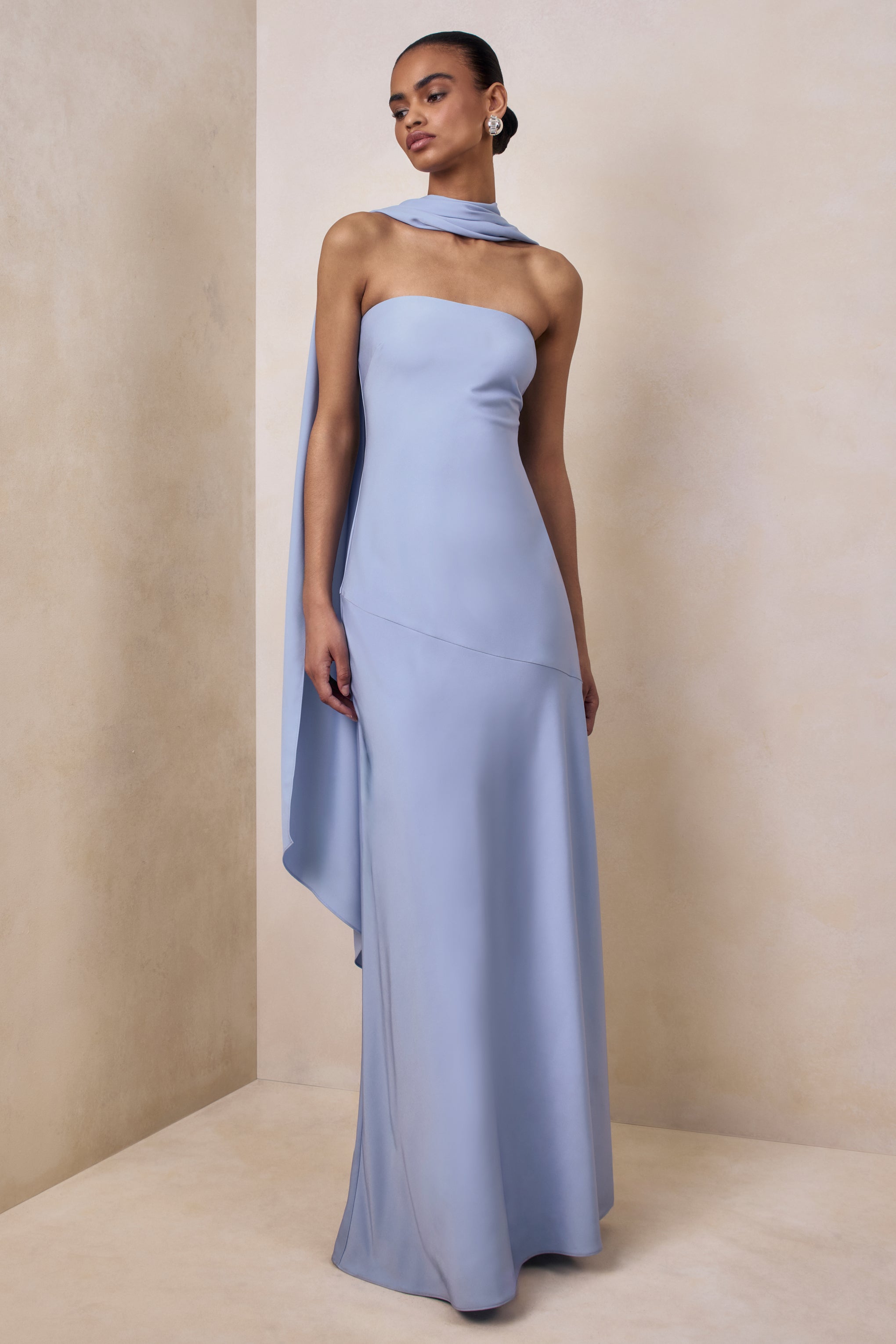 Charly | Powder Blue Matte Satin Bandeau Maxi Dress With Scarf-Detail