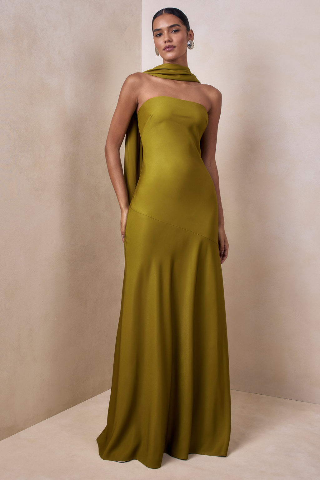 Charly | Olive Matte Satin Bandeau Maxi Dress With Scarf-Detail