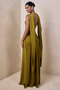 Charly | Olive Matte Satin Bandeau Maxi Dress With Scarf-Detail