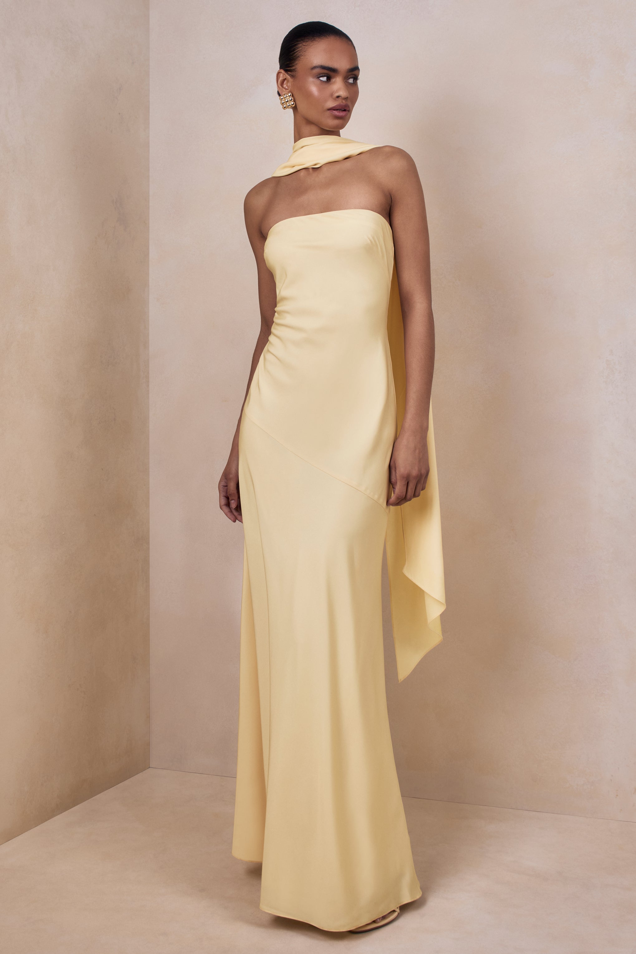 Charly | Lemon Matte Satin Bandeau Maxi Dress With Scarf-Detail