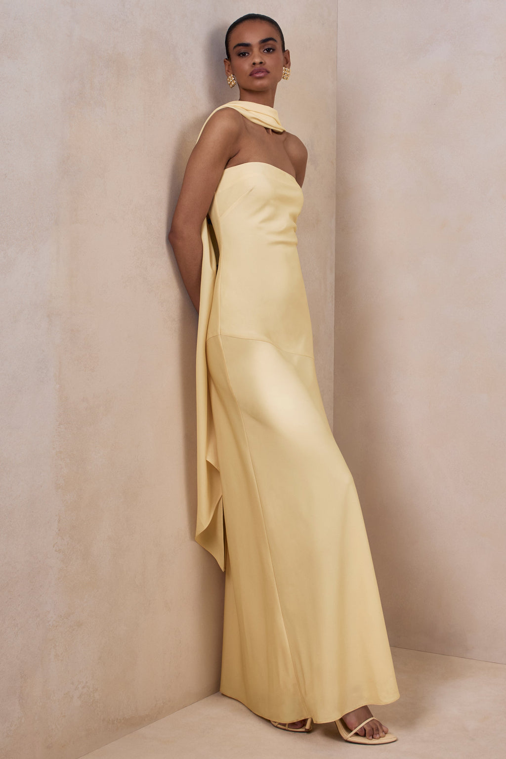 Charly | Lemon Matte Satin Bandeau Maxi Dress With Scarf-Detail
