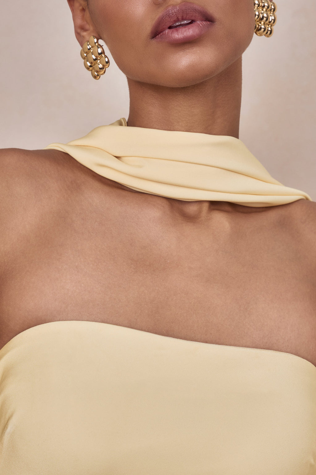 Charly | Lemon Matte Satin Bandeau Maxi Dress With Scarf-Detail