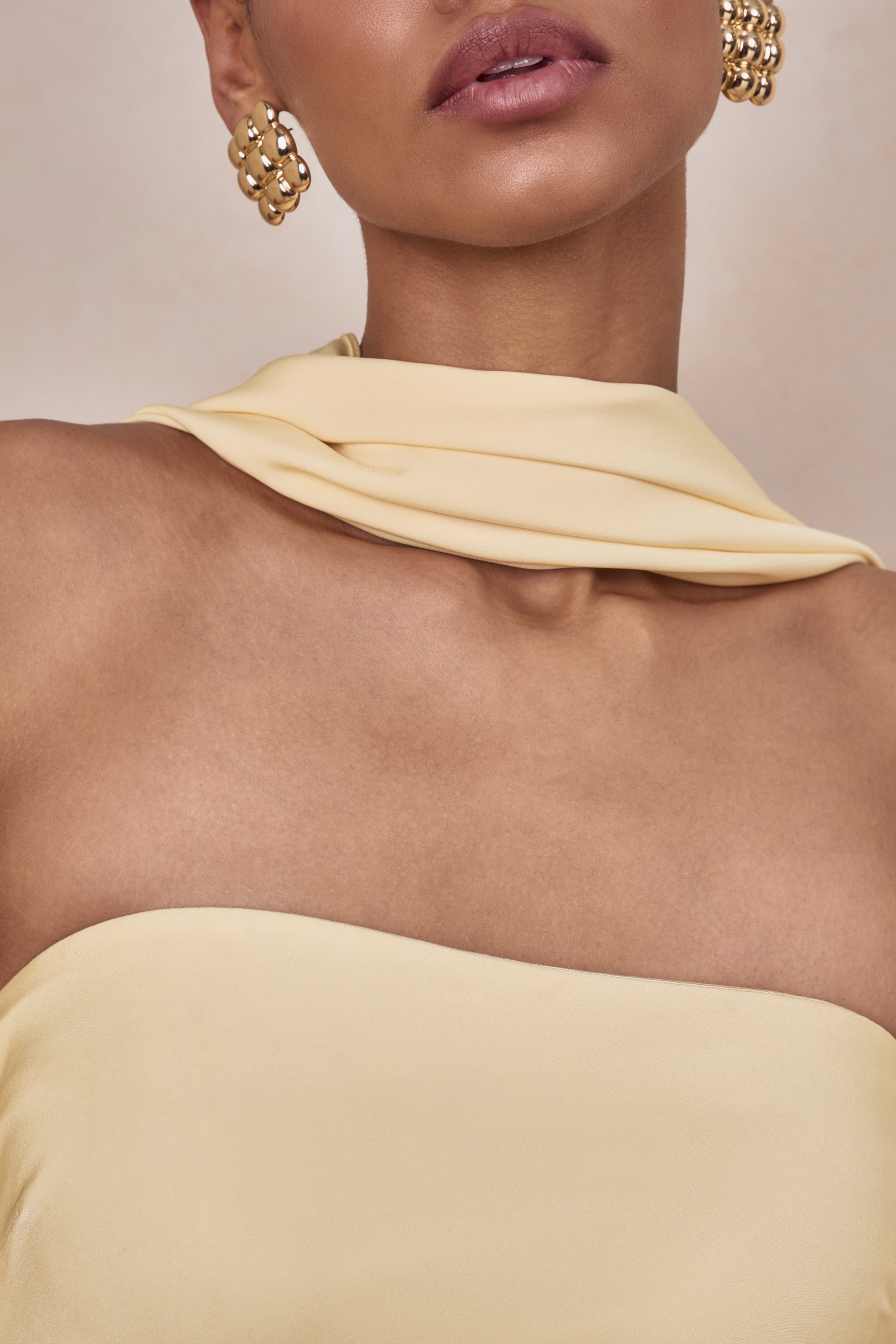 Charly | Lemon Matte Satin Bandeau Maxi Dress With Scarf-Detail