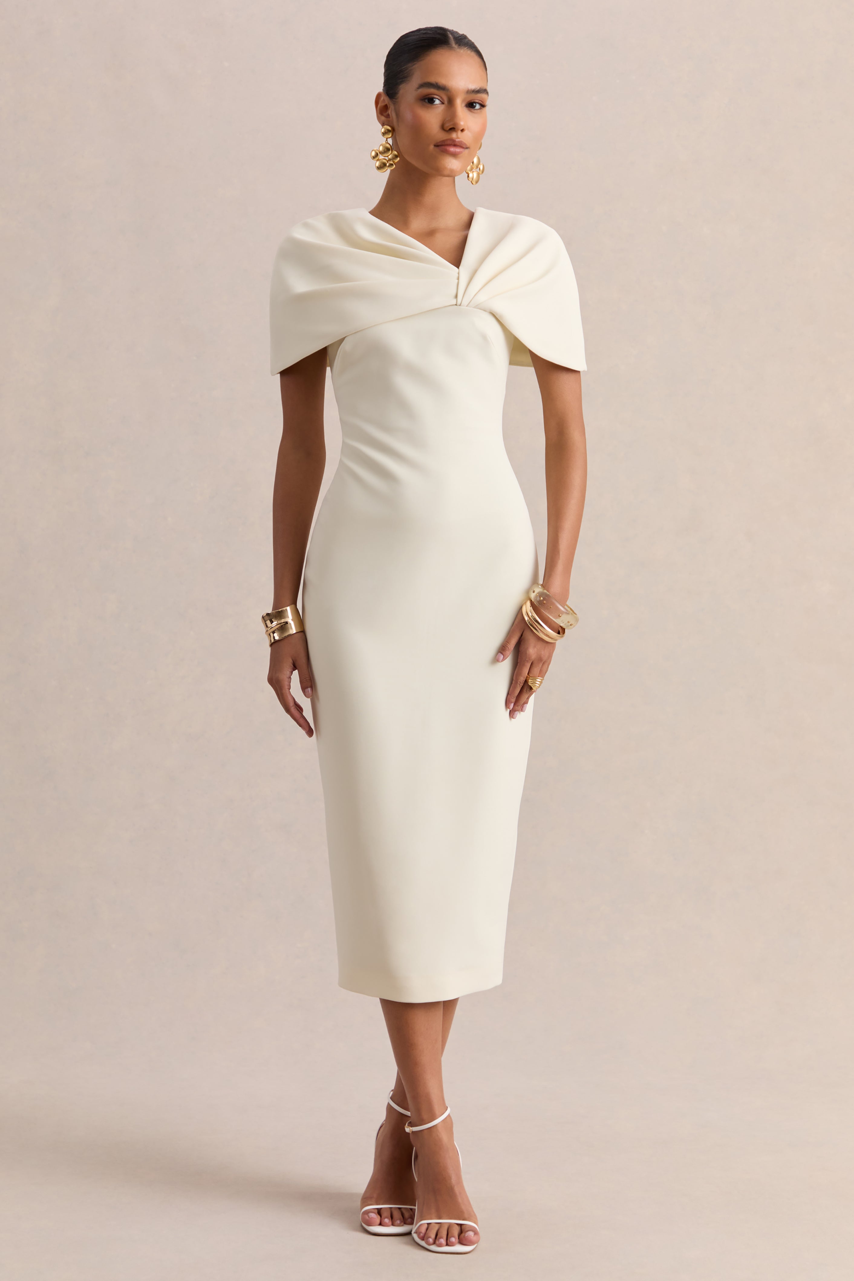 Novalie | Cream V-Neck Midi Dress With Twist-Detail