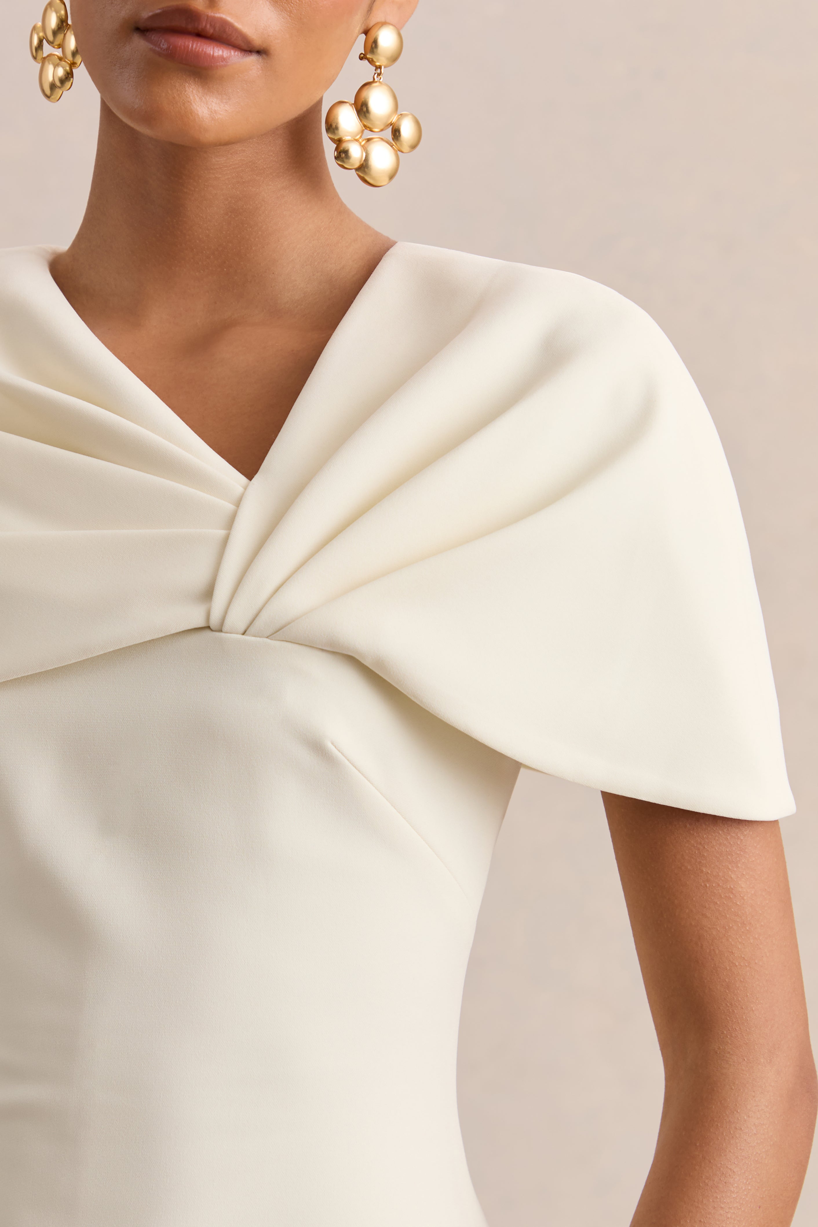 Novalie | Cream V-Neck Midi Dress With Twist-Detail