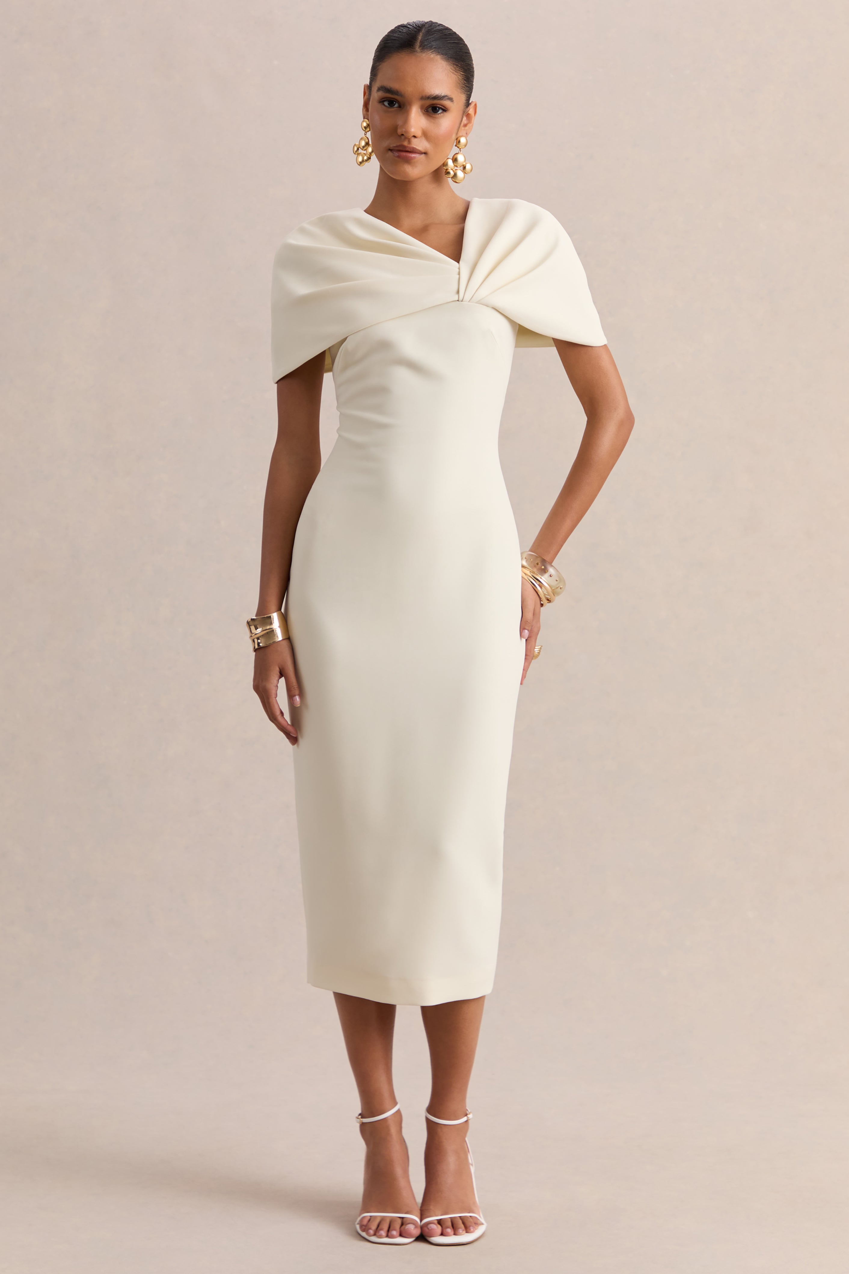 Novalie | Cream V-Neck Midi Dress With Twist-Detail