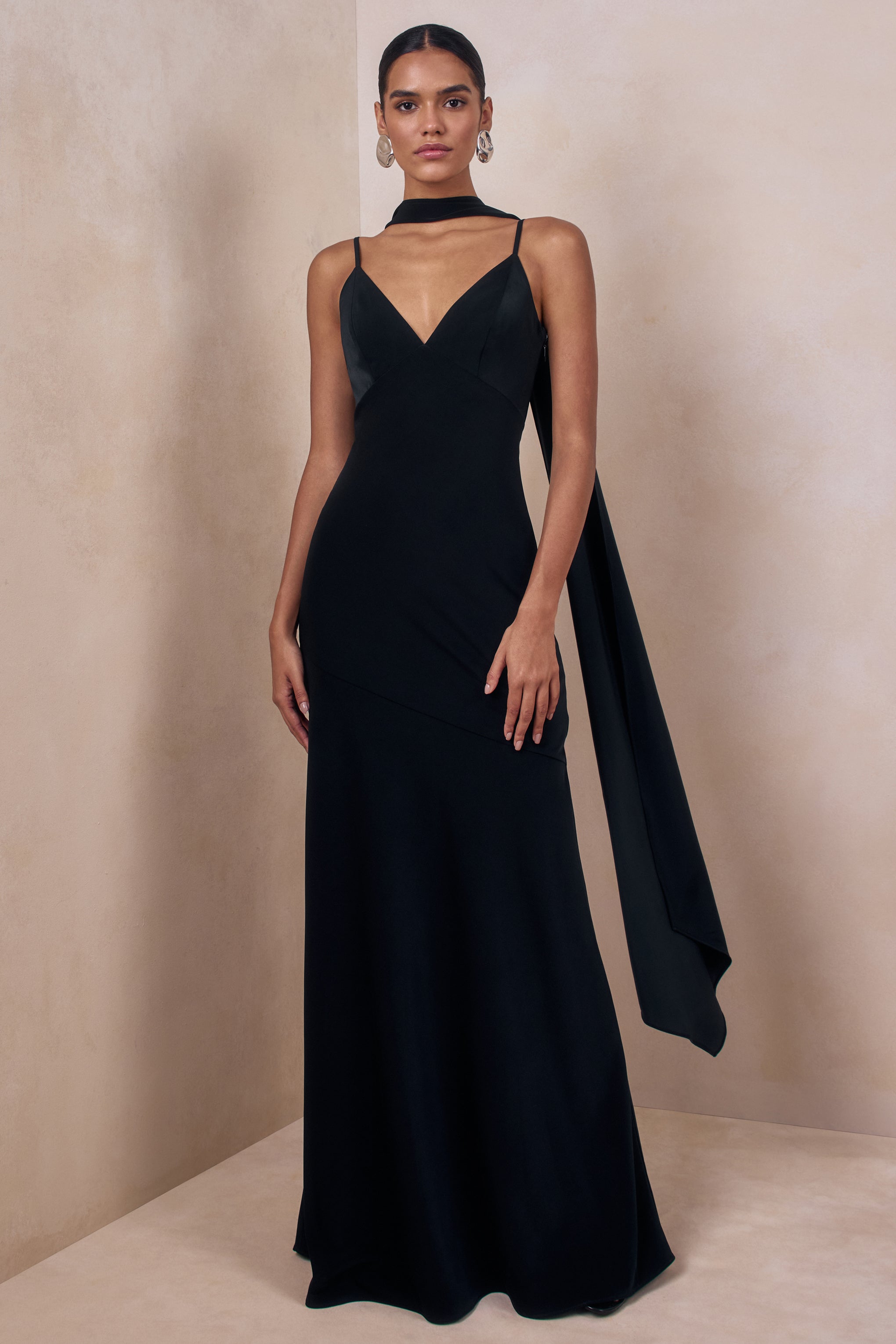 Starling | Black Matte Satin Plunge-Neck Maxi Dress With Scarf-Detail