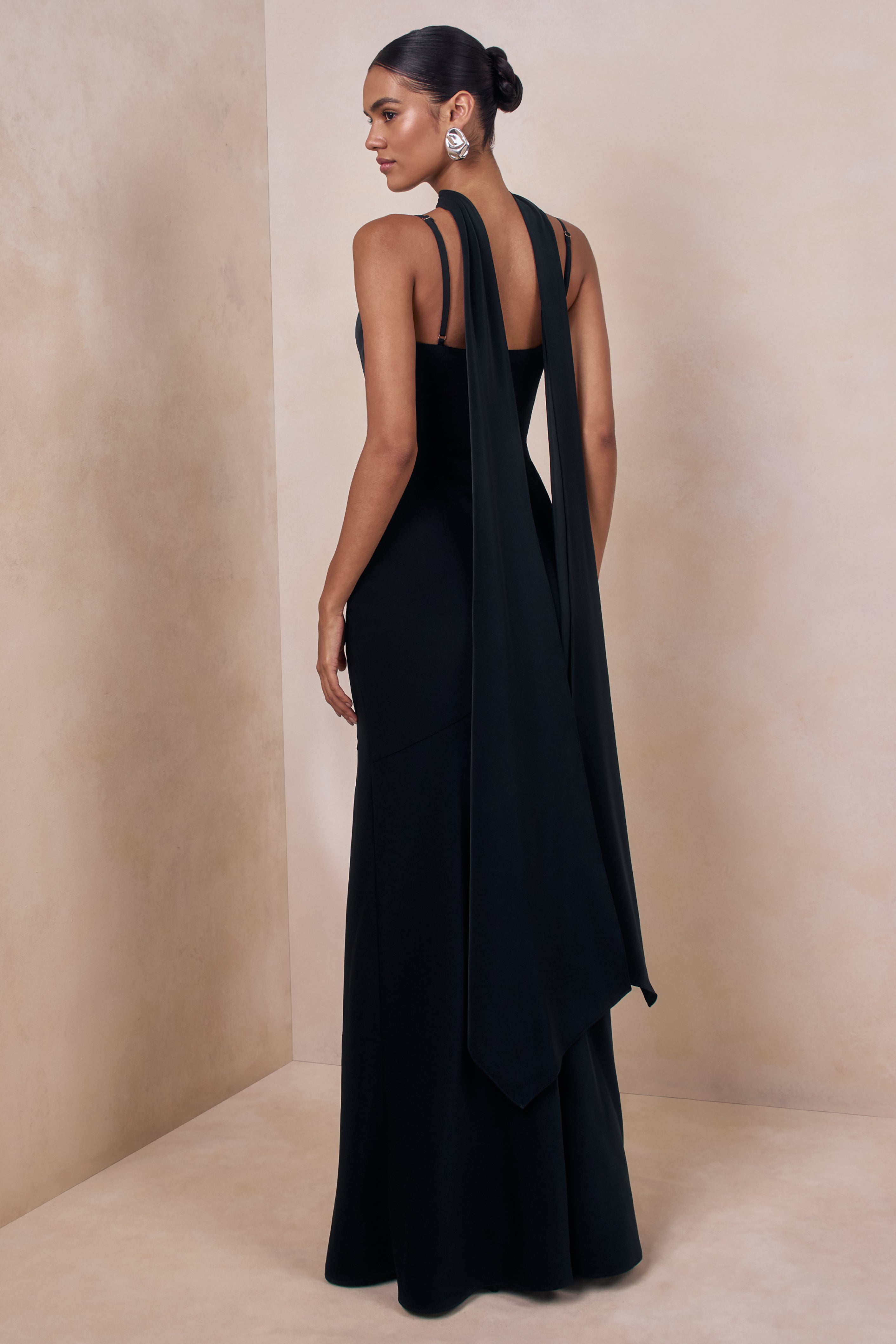 Starling | Black Matte Satin Plunge-Neck Maxi Dress With Scarf-Detail