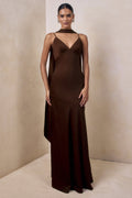 Starling | Brown Matte Satin Plunge-Neck Maxi Dress With Scarf-Detail