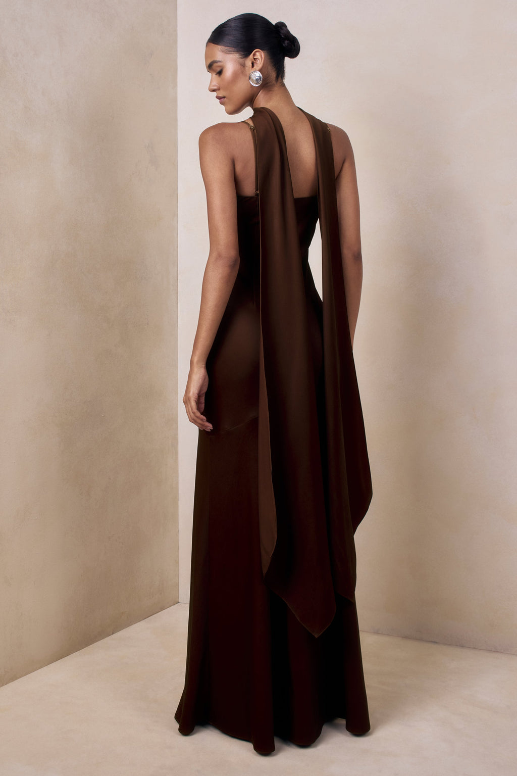 Starling | Brown Matte Satin Plunge-Neck Maxi Dress With Scarf-Detail