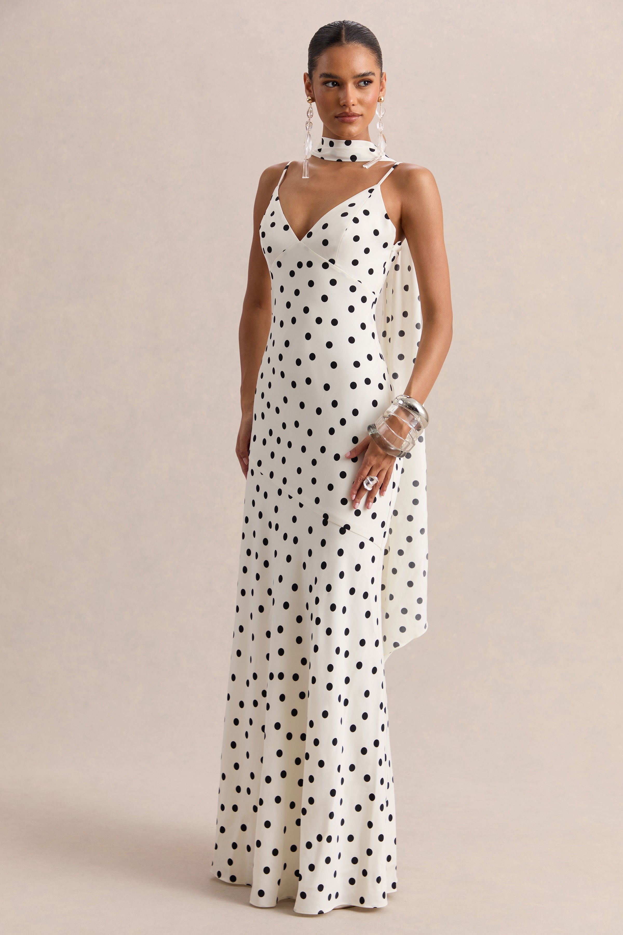 Starling | White & Black Polka Dot Matte Satin Plunge-Neck Maxi Dress With Scarf-Detail