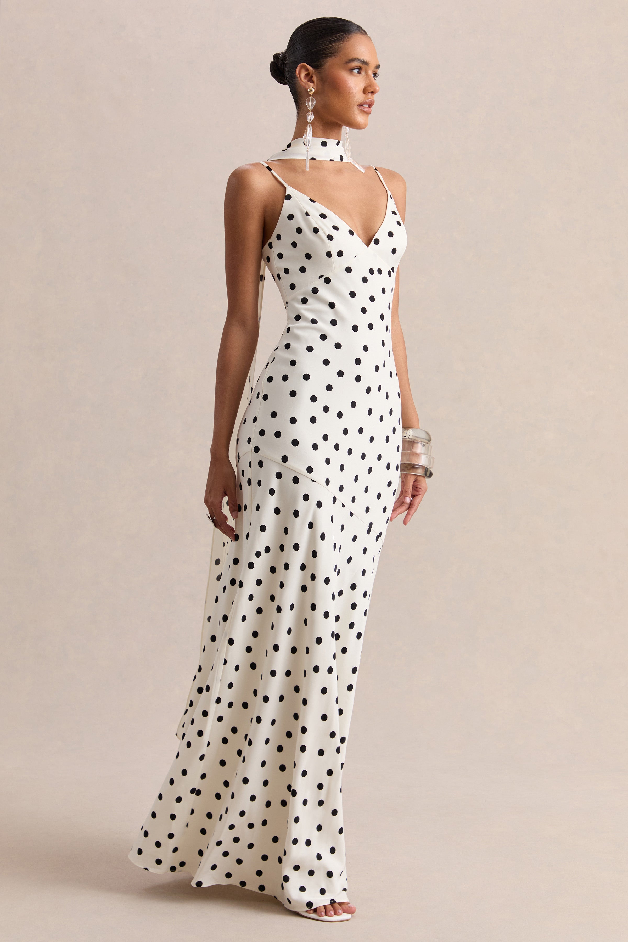 Starling | White & Black Polka Dot Matte Satin Plunge-Neck Maxi Dress With Scarf-Detail