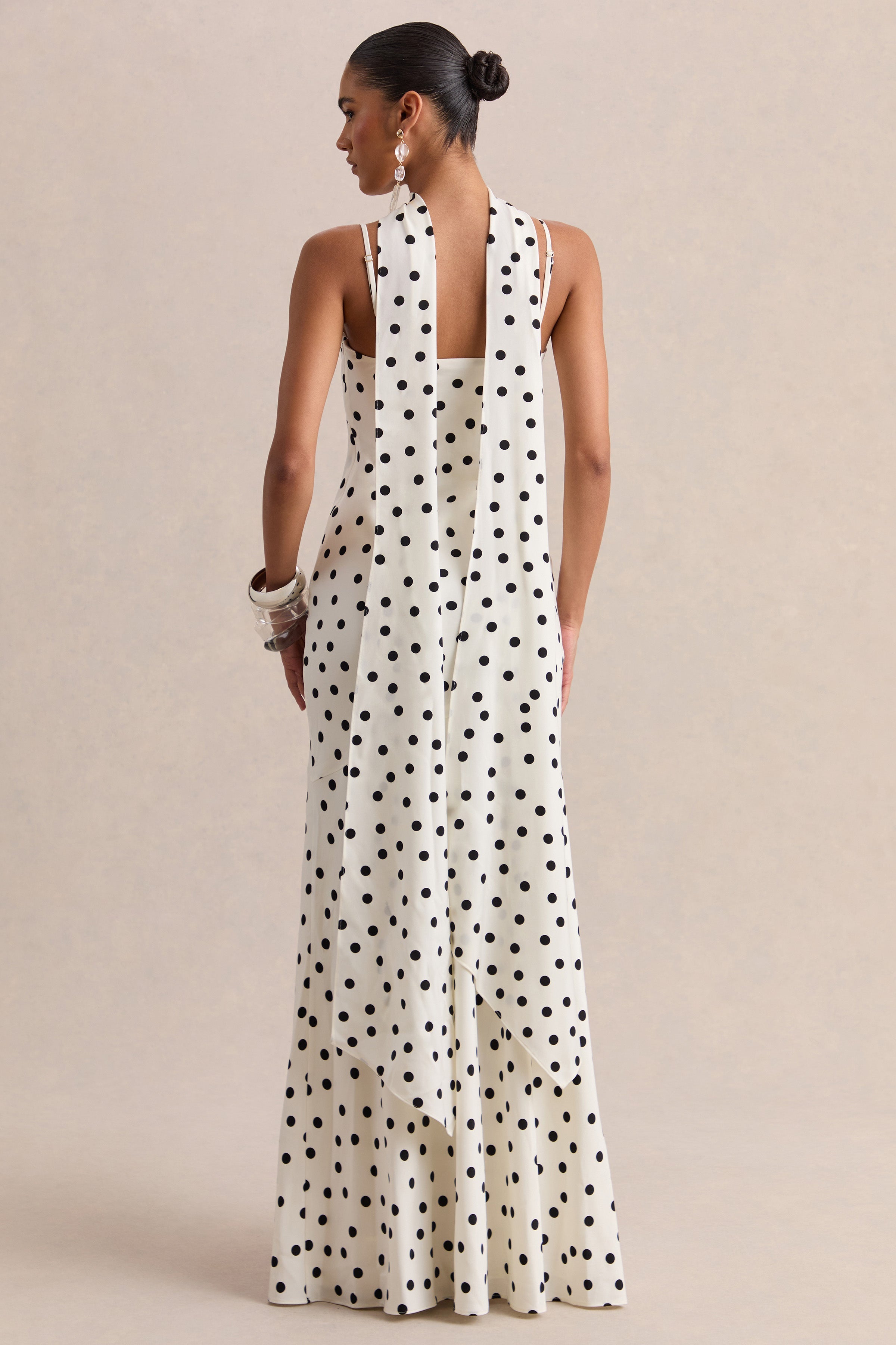 Starling | White & Black Polka Dot Matte Satin Plunge-Neck Maxi Dress With Scarf-Detail