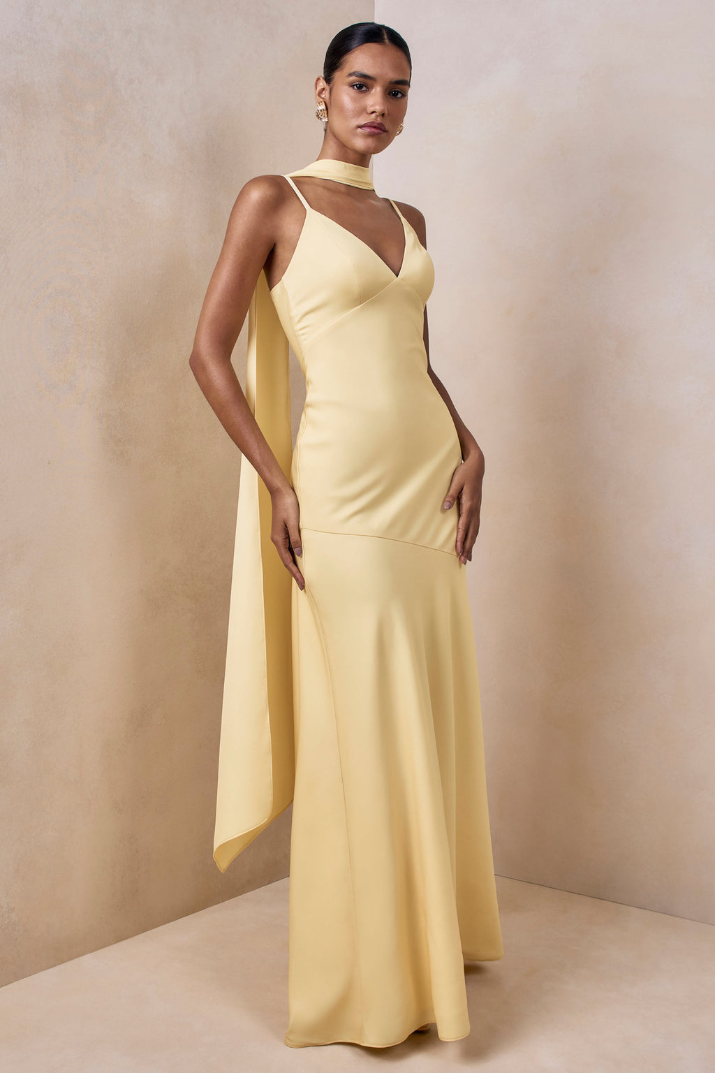 Starling | Lemon Matte Satin Plunge-Neck Maxi Dress With Scarf-Detail