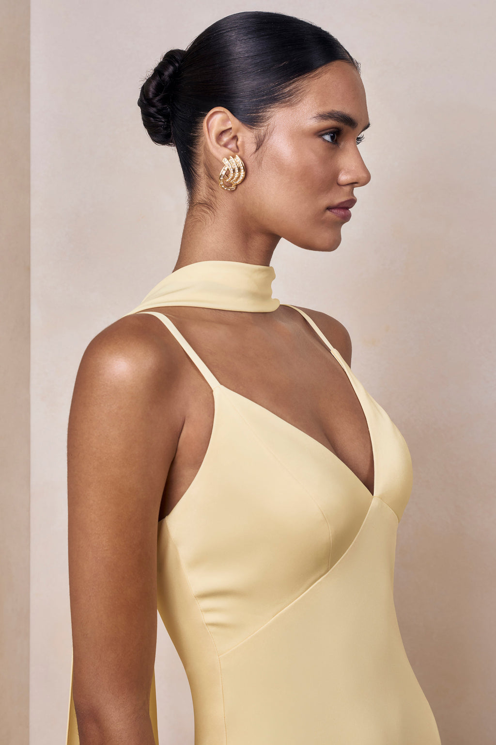 Starling | Lemon Matte Satin Plunge-Neck Maxi Dress With Scarf-Detail
