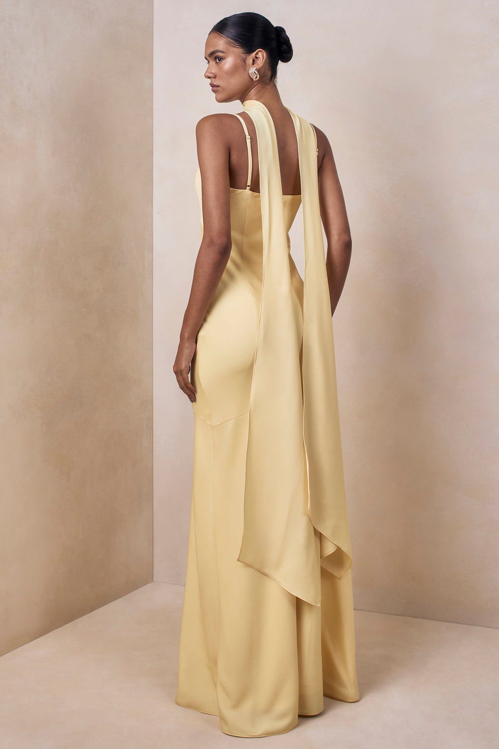 Starling | Lemon Matte Satin Plunge-Neck Maxi Dress With Scarf-Detail