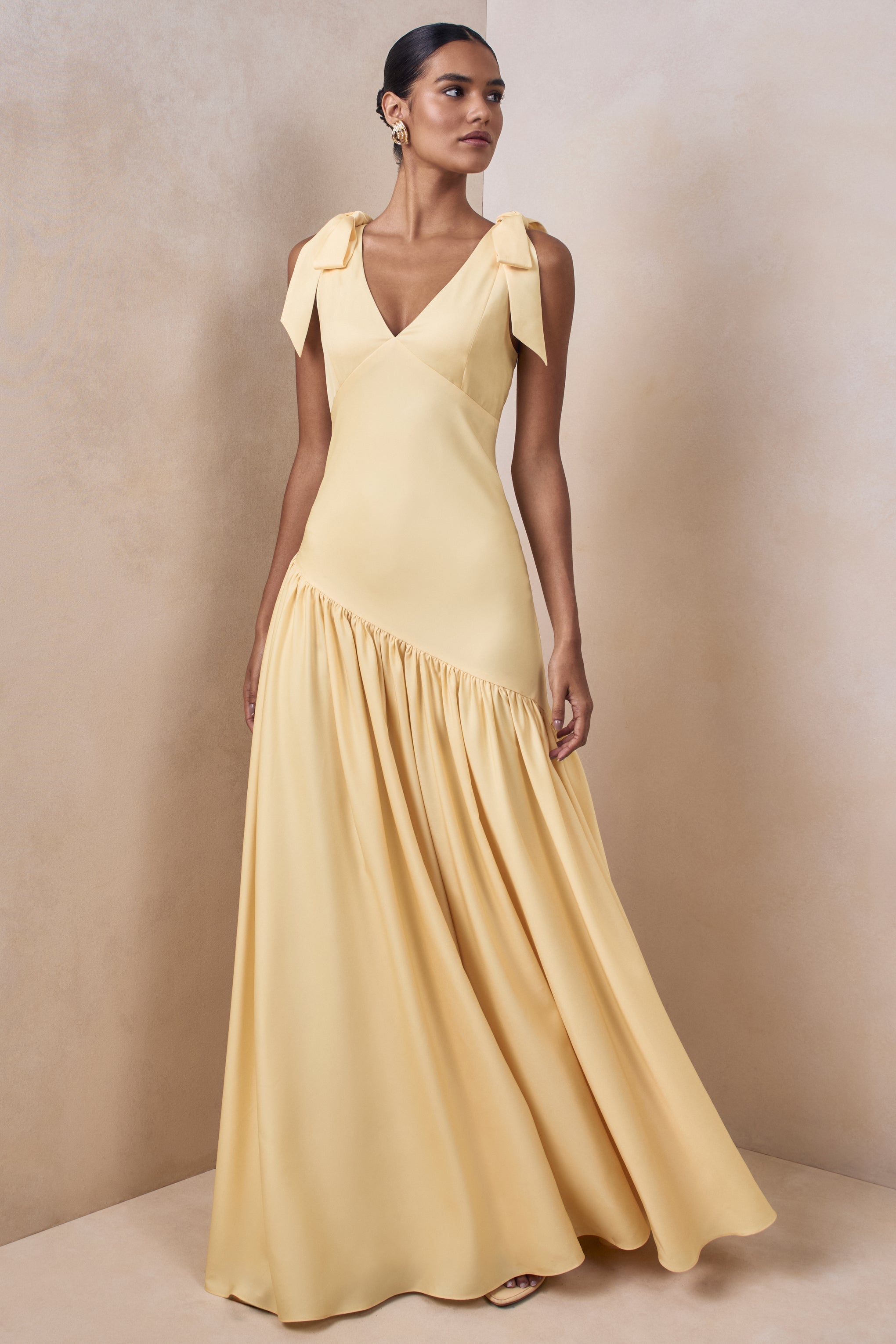 Cala | Lemon Matte Satin Plunge-Neck Maxi Dress With Bow-Sleeves