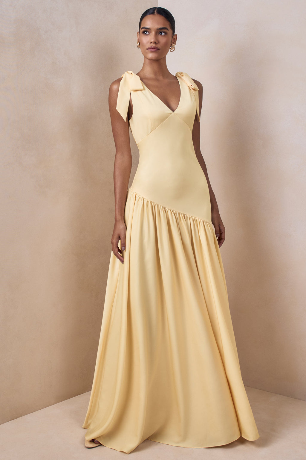 Cala | Lemon Matte Satin Plunge-Neck Maxi Dress With Bow-Sleeves