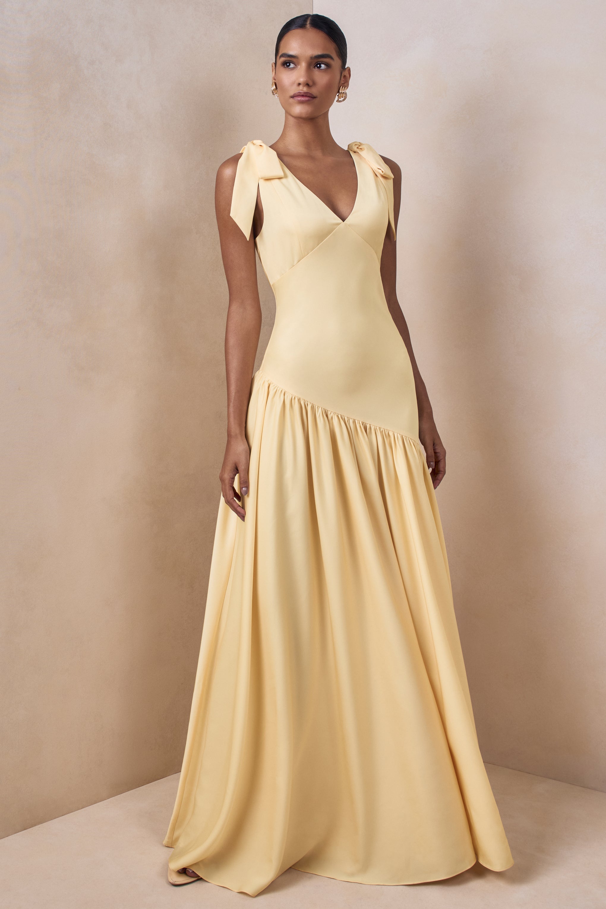 Cala | Lemon Matte Satin Plunge-Neck Maxi Dress With Bow-Sleeves