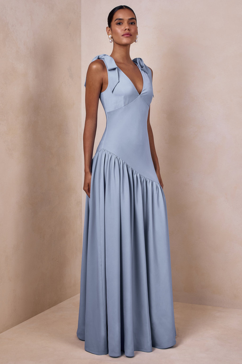Cala | Powder Blue Matte Satin Plunge-Neck Maxi Dress With Bow-Sleeves