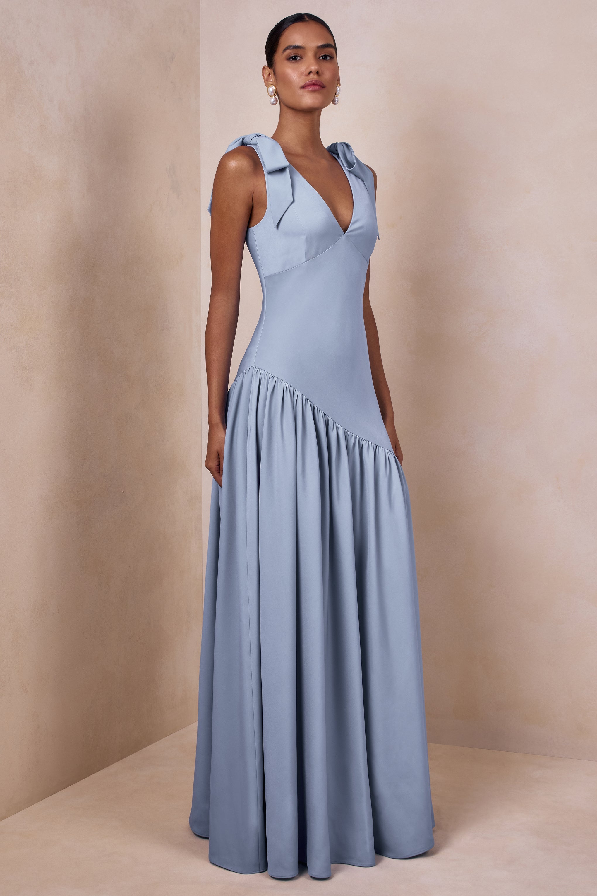 Cala | Powder Blue Matte Satin Plunge-Neck Maxi Dress With Bow-Sleeves