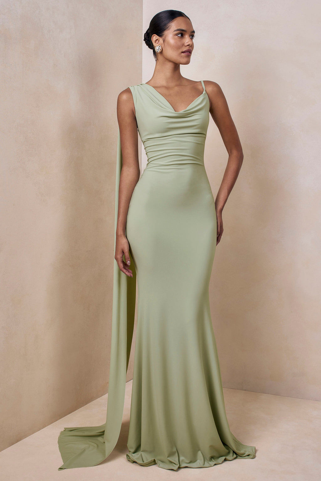Kenza | Mint Asymmetric-Neck Maxi Dress With Scarf-Detail