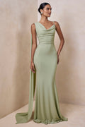 Kenza | Mint Asymmetric-Neck Maxi Dress With Scarf-Detail