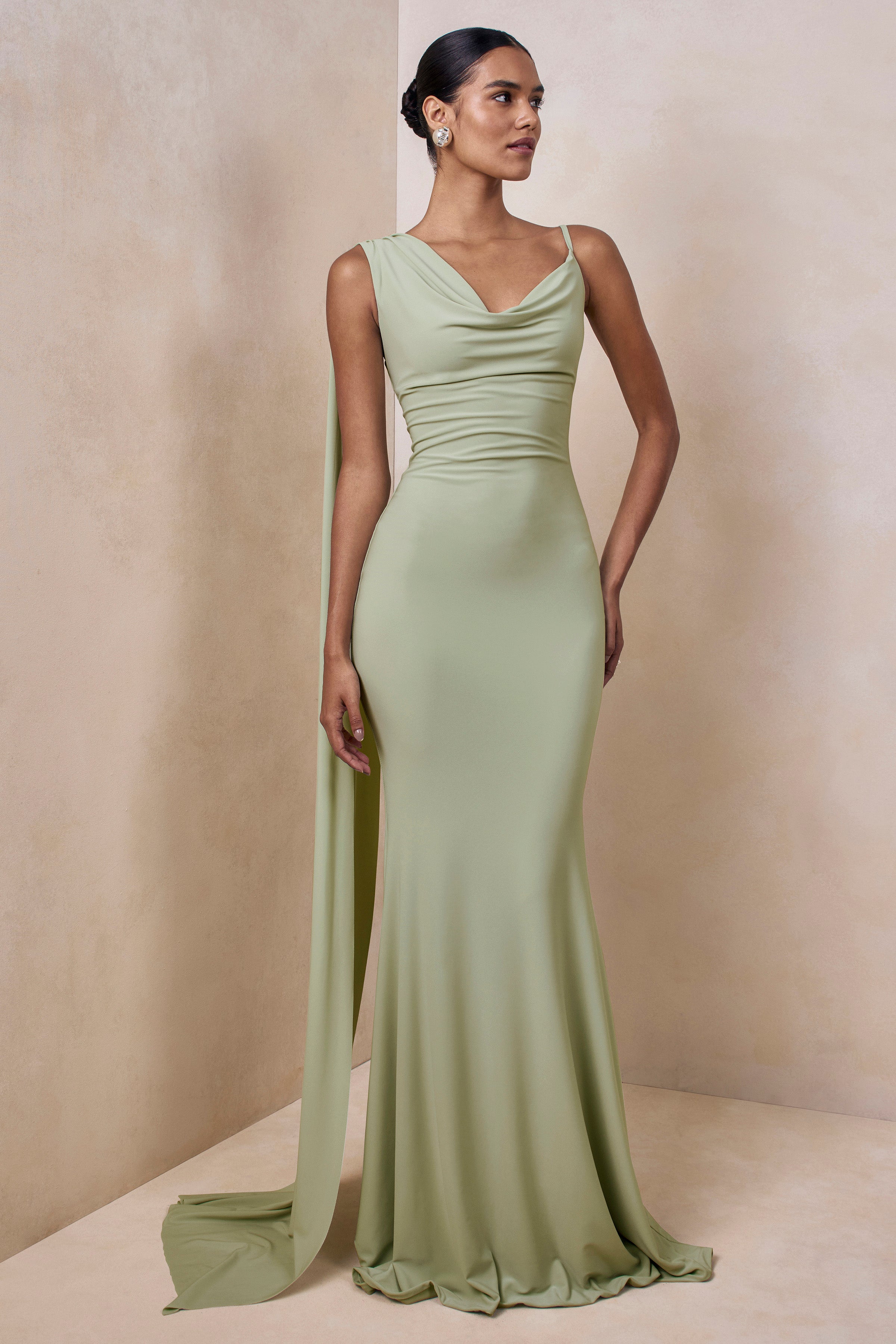 Kenza | Mint Asymmetric-Neck Maxi Dress With Scarf-Detail