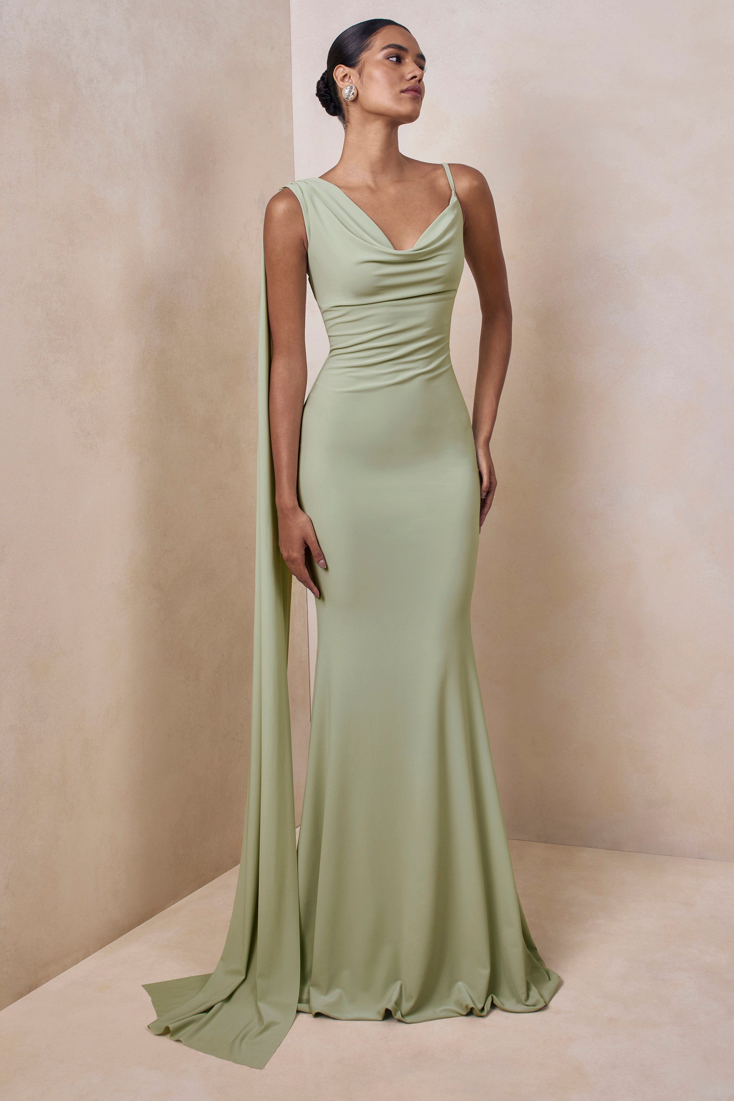 Kenza | Mint Asymmetric-Neck Maxi Dress With Scarf-Detail