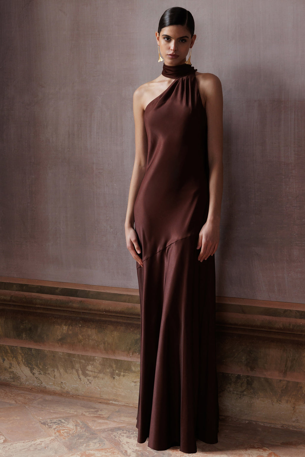 Cara | Brown Matte Satin High-Neck Maxi Dress