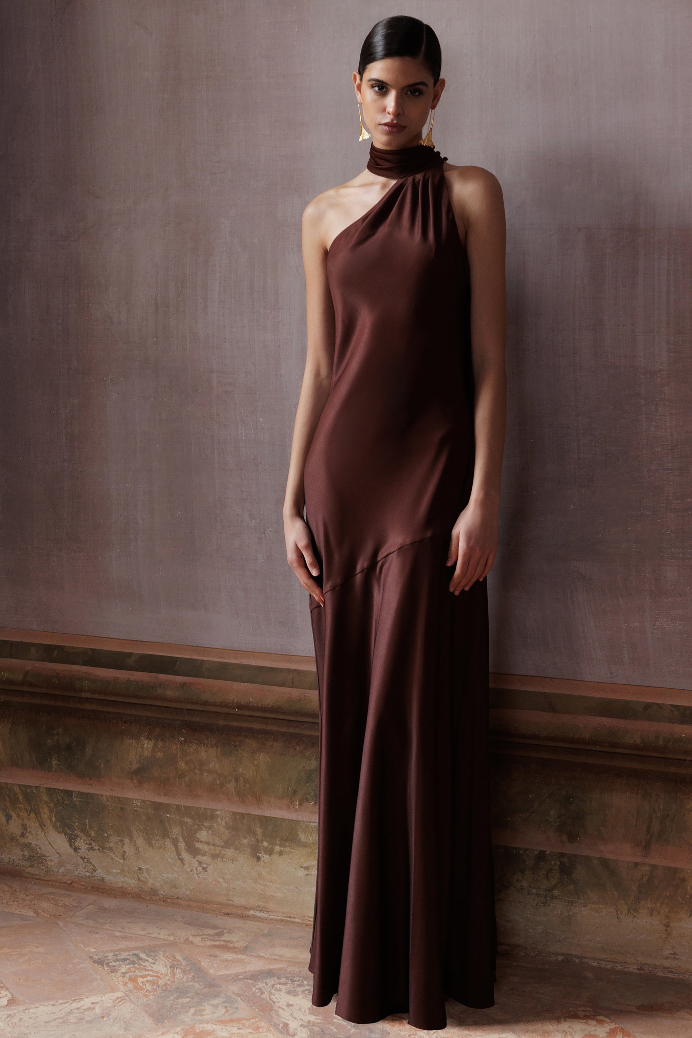 Cara | Brown Matte Satin High-Neck Maxi Dress