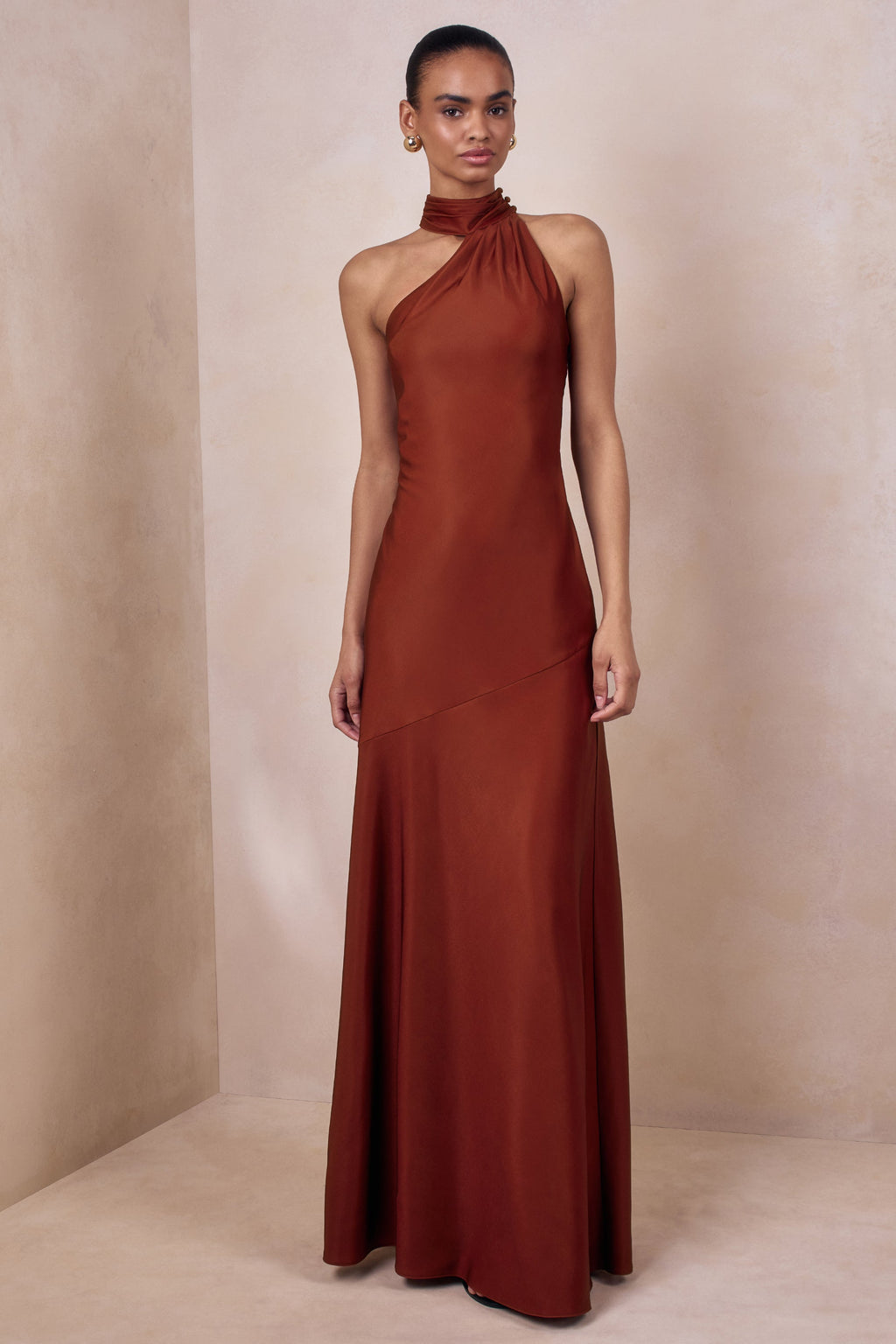 Cara | Rust Matte Satin High-Neck Maxi Dress