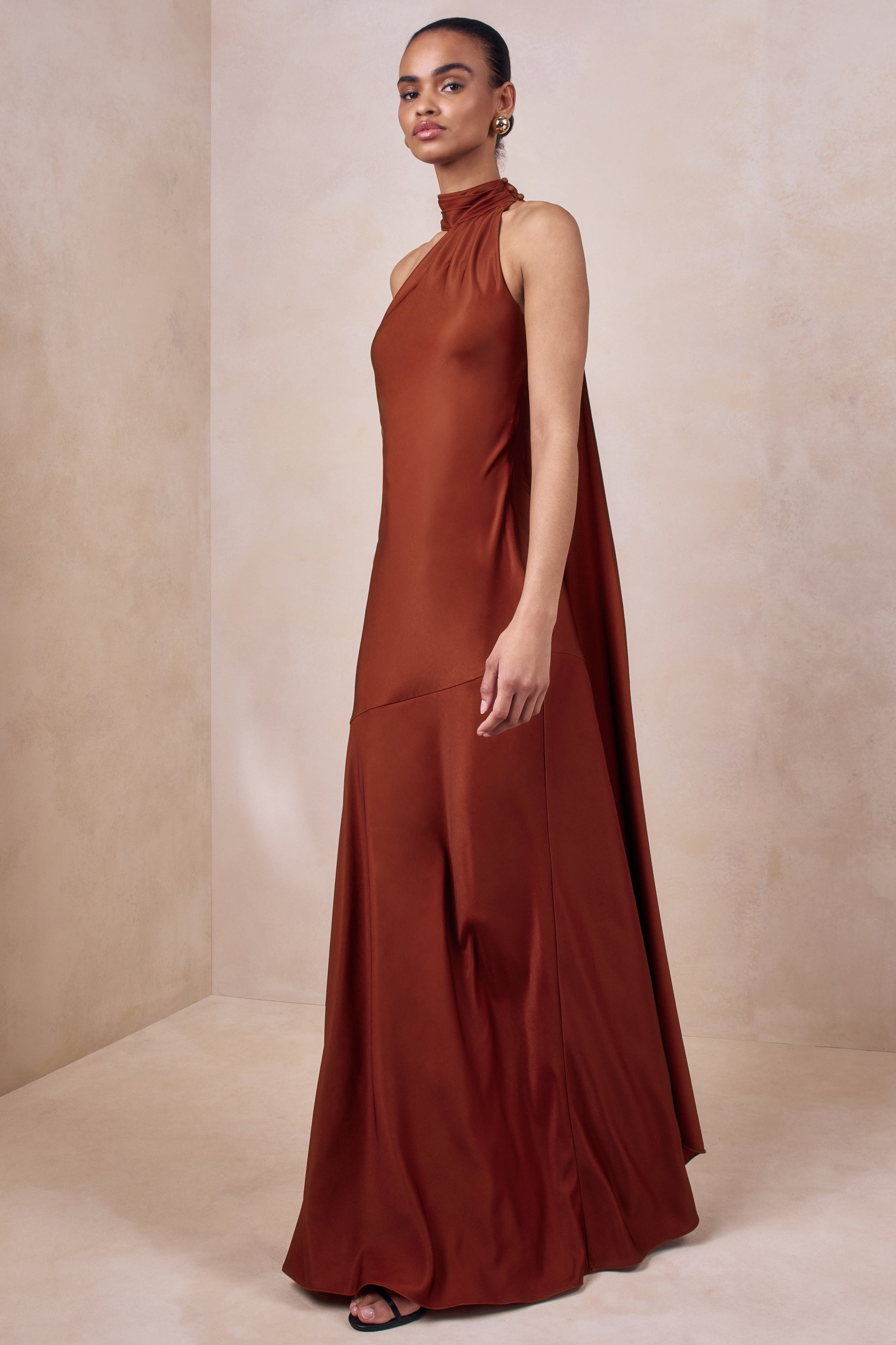 Cara | Rust Matte Satin High-Neck Maxi Dress