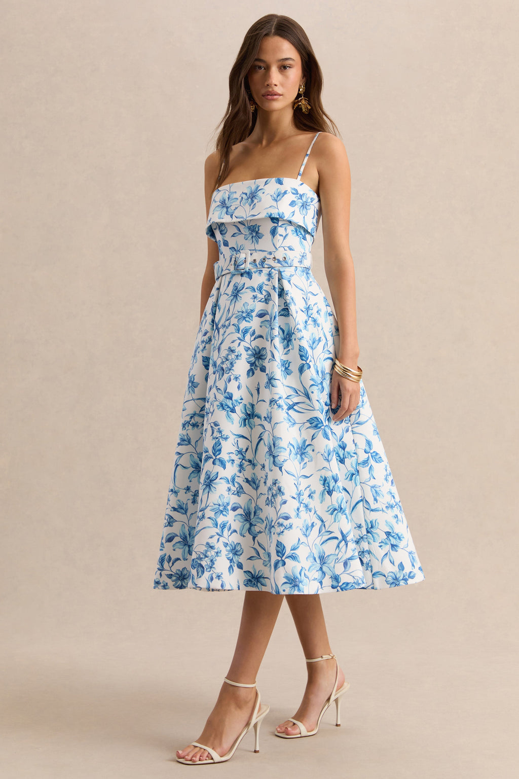 Devina | Blue Porcelain Print Square-Neck Belted Midi-Dress