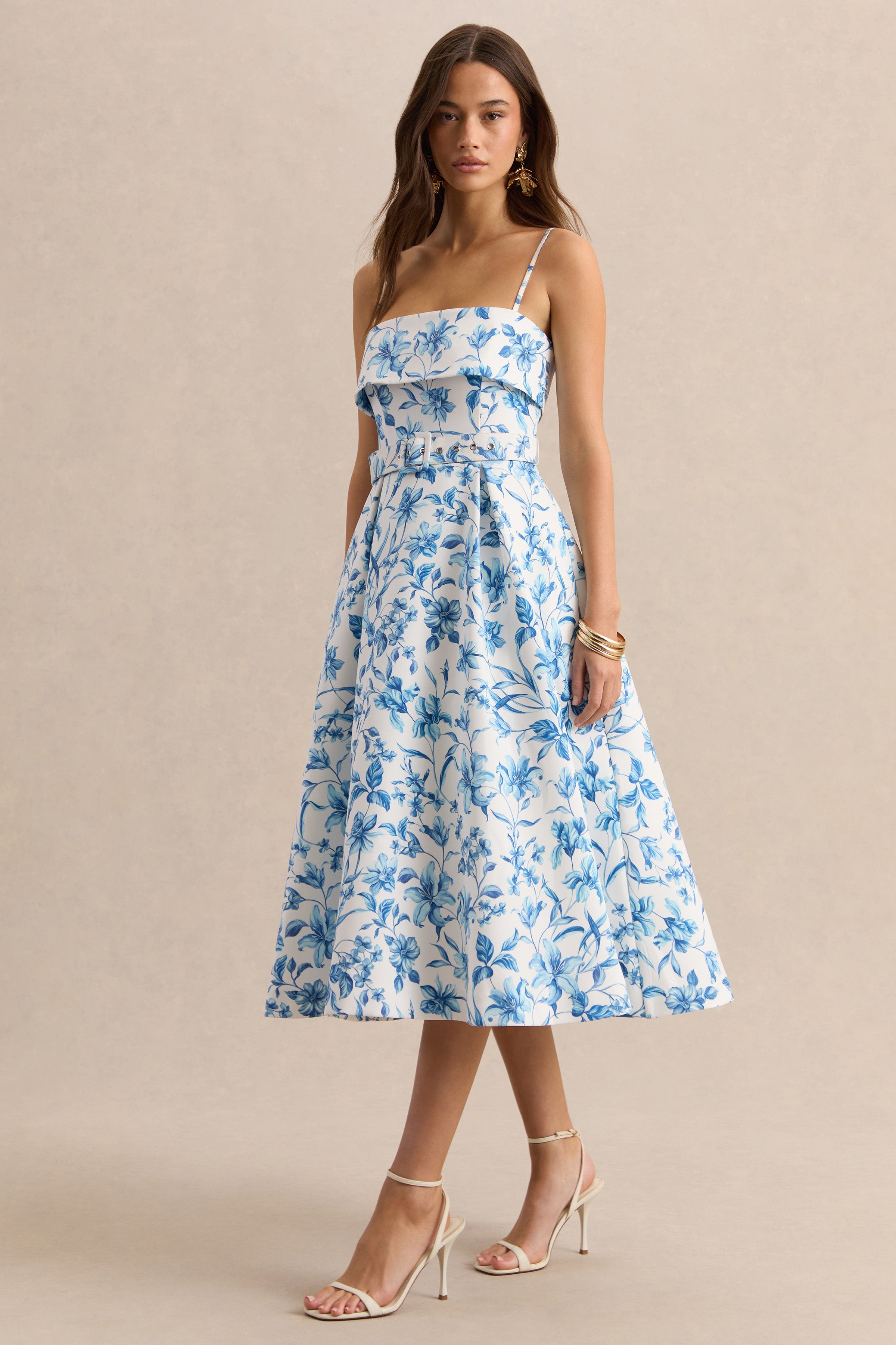 Devina | Blue Porcelain Print Square-Neck Belted Midi-Dress