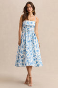 Devina | Blue Porcelain Print Square-Neck Belted Midi-Dress